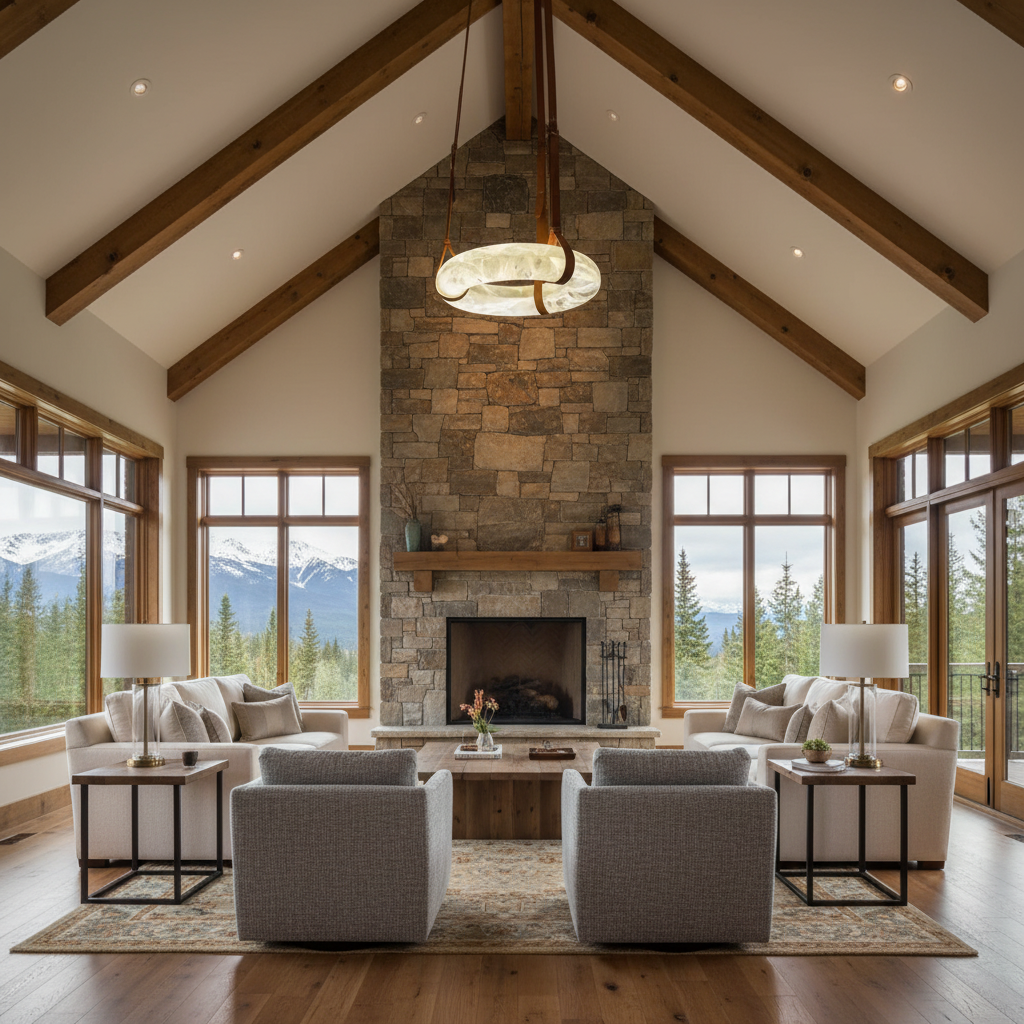Luster Gaze Alabaster Halo LED Chandelier - American transitional great room with cathedral ceiling