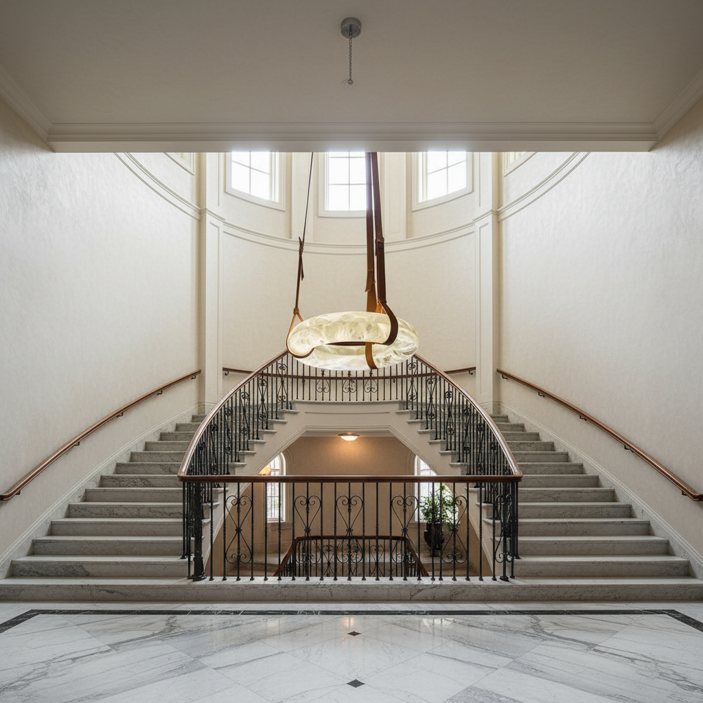 Luster Gaze Alabaster Halo LED Chandelier - dramatic American stairwell with soaring ceiling