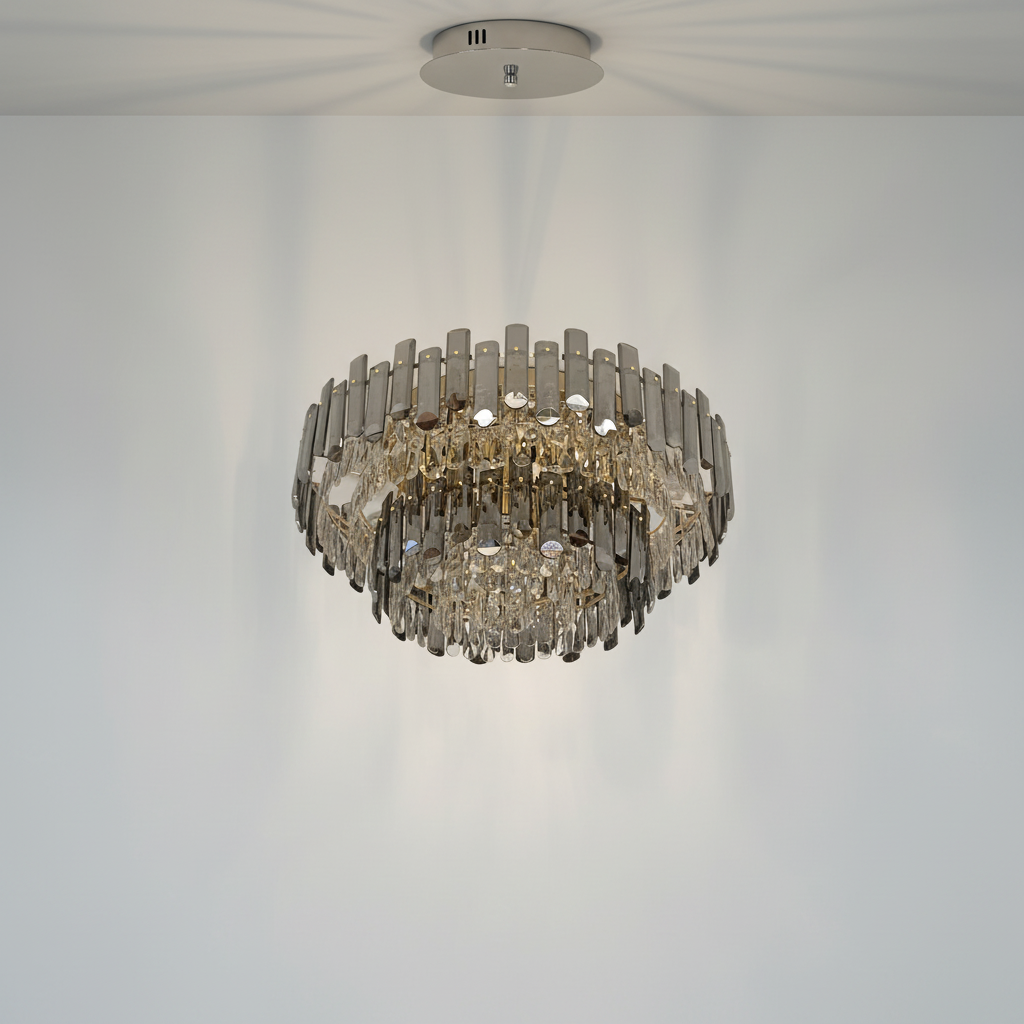 Luster Gaze Smoke Gray Crystal Chandelier Flush Mounted Ceiling Light Fitxture Set for Dining Room/Living Room - Studio Shot