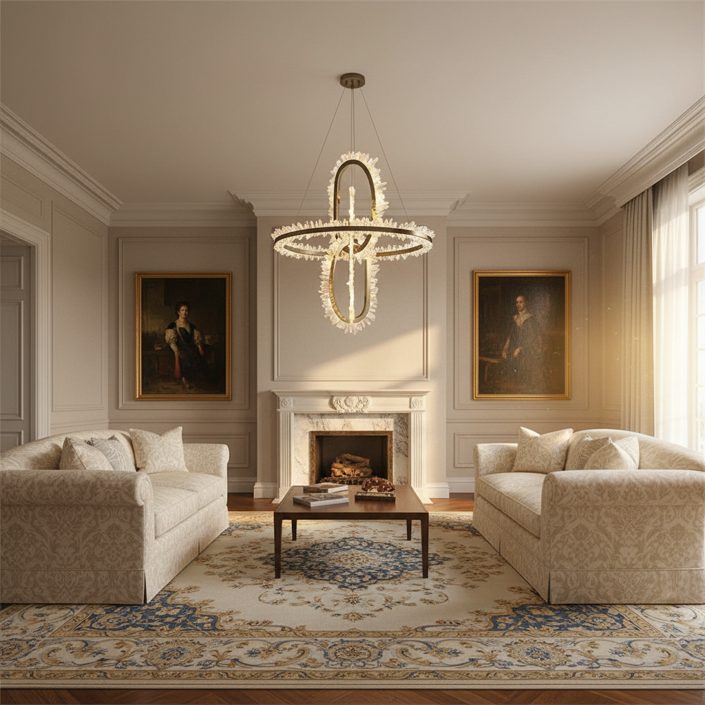 Luster Gaze Glacial Bloom Rock Crystal Wall Sconce - American formal living room with 12-foot ceilings