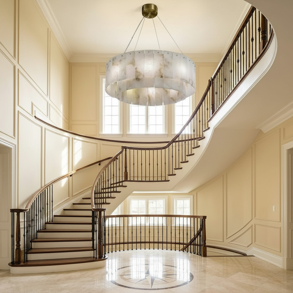 Luster Gaze Alabaster Radiance Round Chandelier - grand American foyer with two-story ceiling