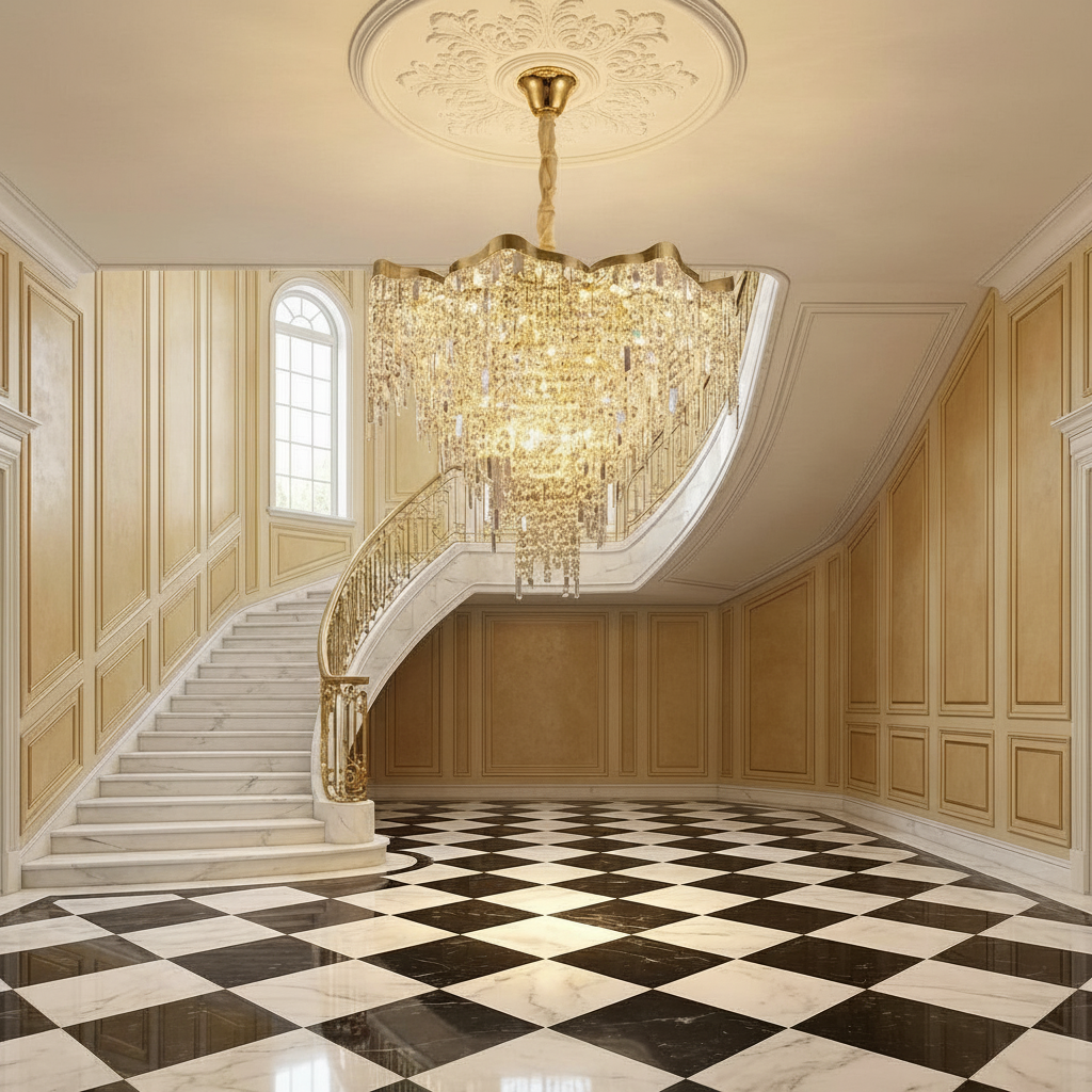 Luster Gaze Radiant Aura Round Crystal Chandelier - grand American estate foyer