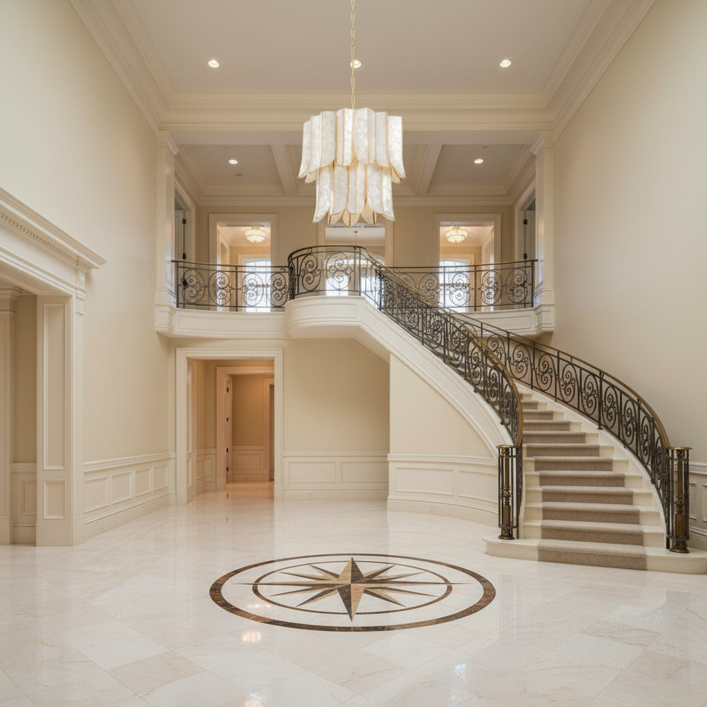 Luster Gaze Coastal Radiance Capiz Chandelier - grand American foyer with two-story ceiling