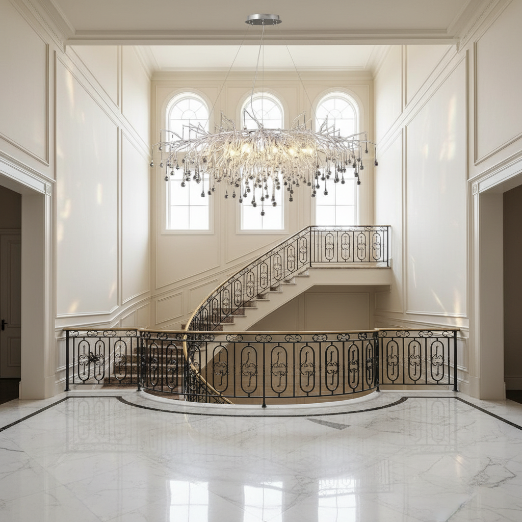 Luster Gaze Arboreal Bloom Rectangle Branch Chandelier - dramatic American stairwell with soaring ceiling