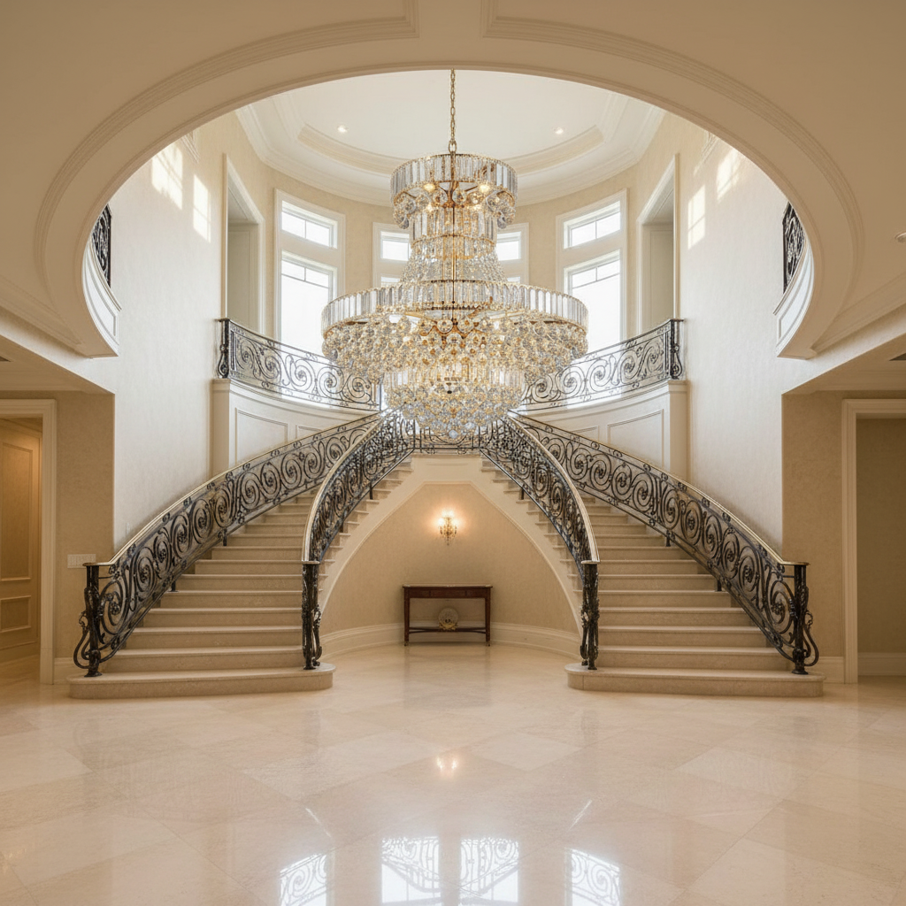 Luster Gaze Regal Radiance Empire Grand Chandelier - dramatic American stairwell with soaring ceiling