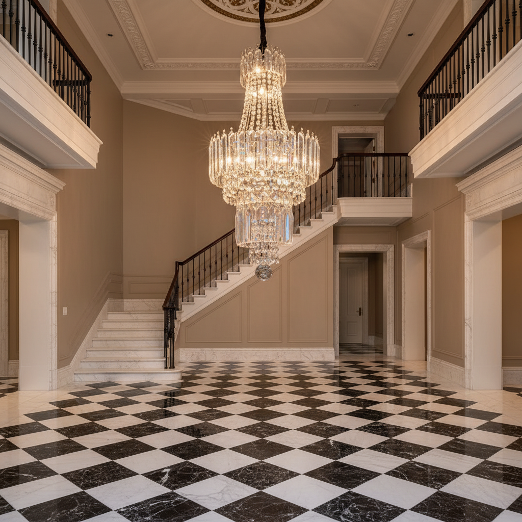 Luster Gaze Grand Lumina Round Extra Large Crystal Chandelier in Silver - grand American estate foyer