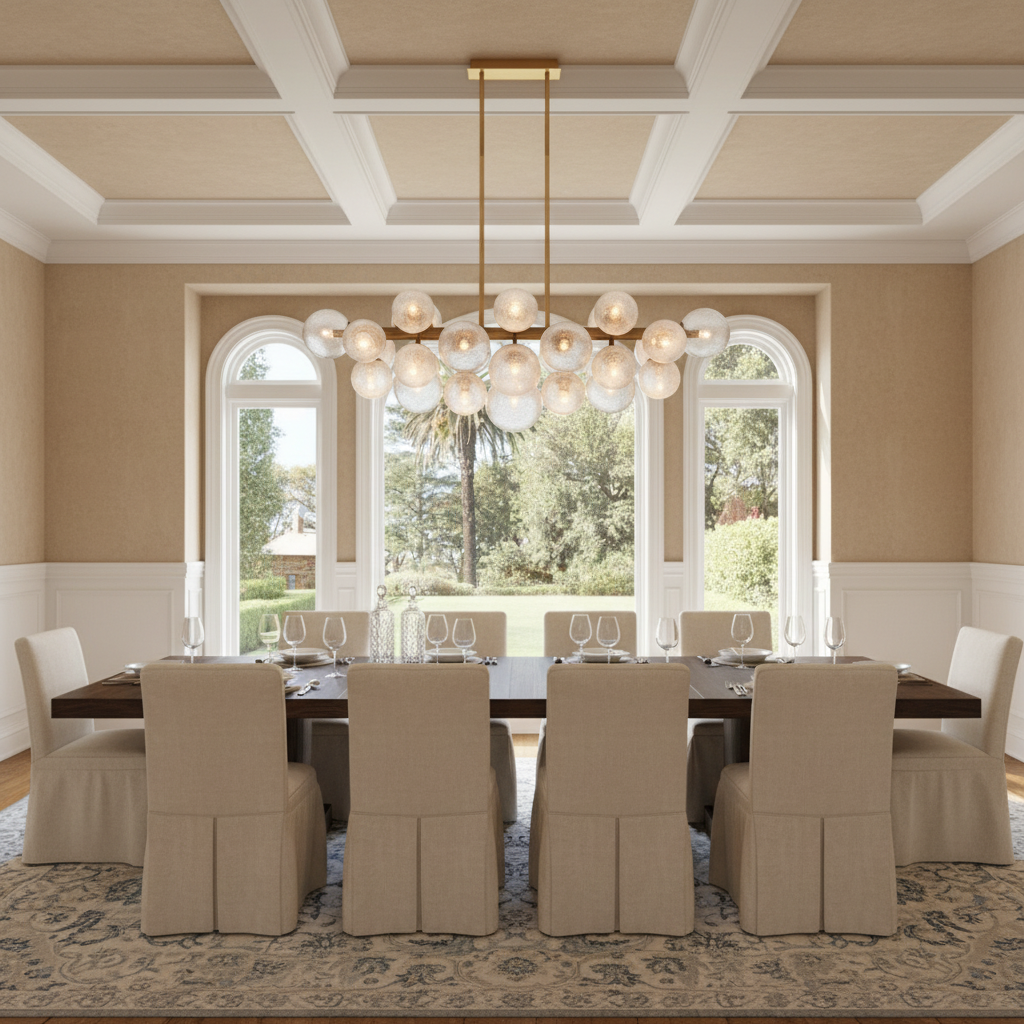 Luster Gaze Radiant Orb Linear Chandelier - formal American dining room