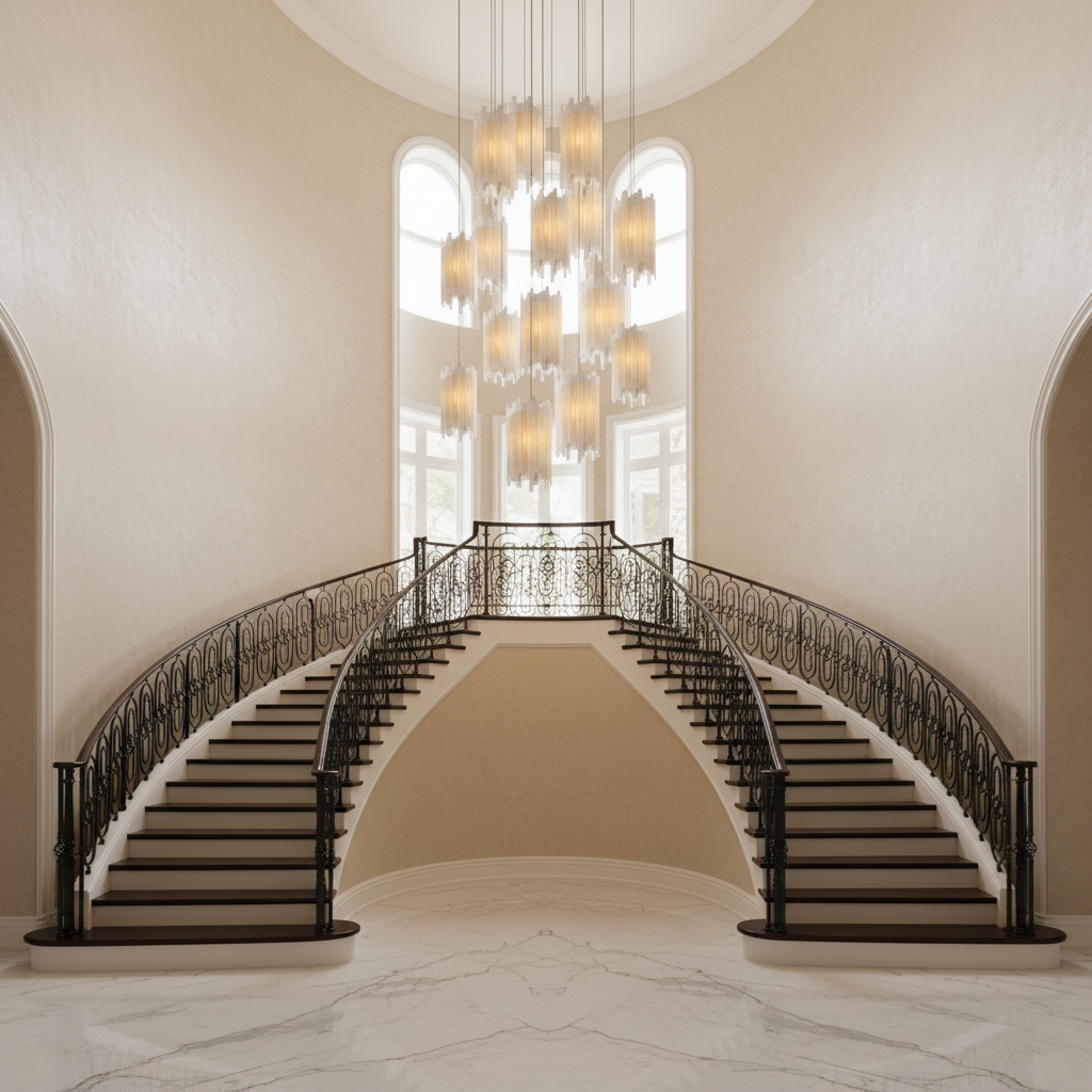 Luster Gaze Celestial Cascade Round Chandelier - dramatic American stairwell with soaring ceiling