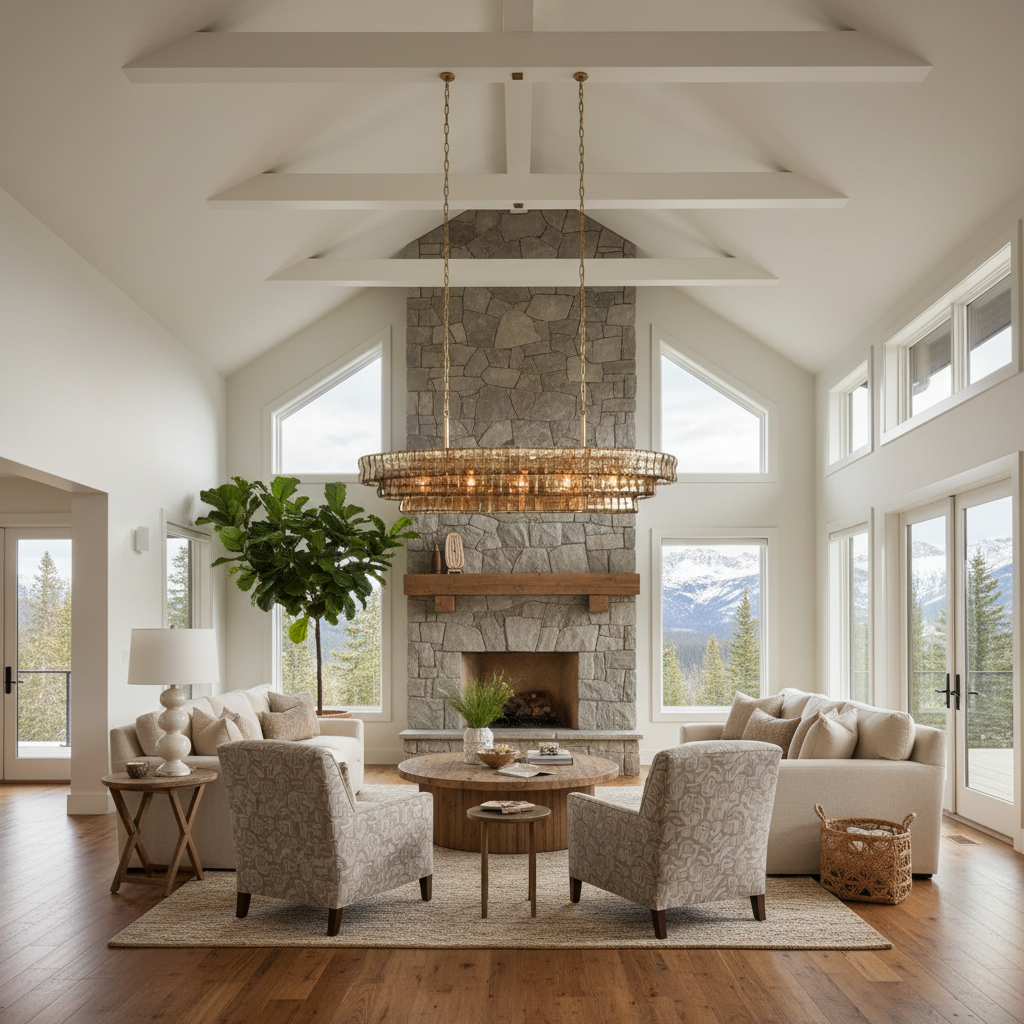 Luster Gaze Veridian Oval Grand Chandelier - American transitional great room with cathedral ceiling