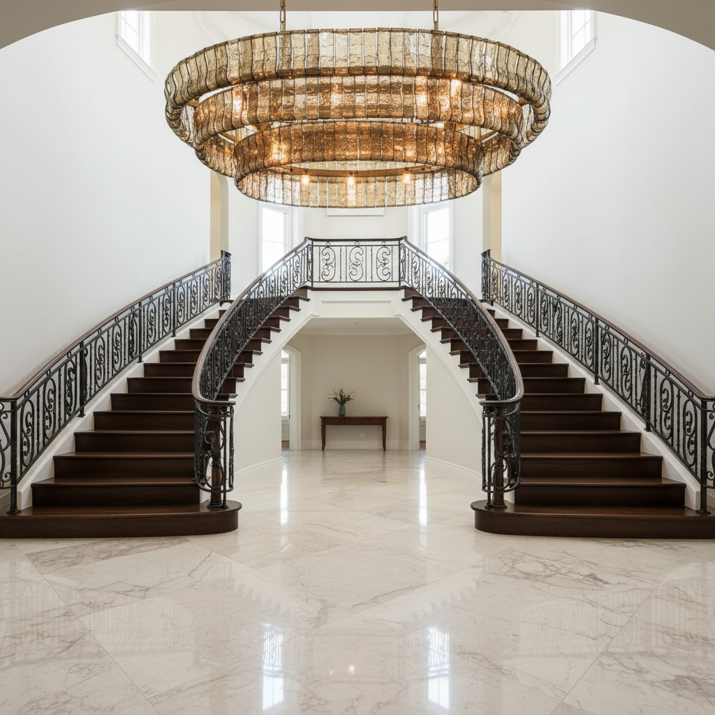 Luster Gaze Veridian Oval Grand Chandelier - dramatic American stairwell with soaring ceiling