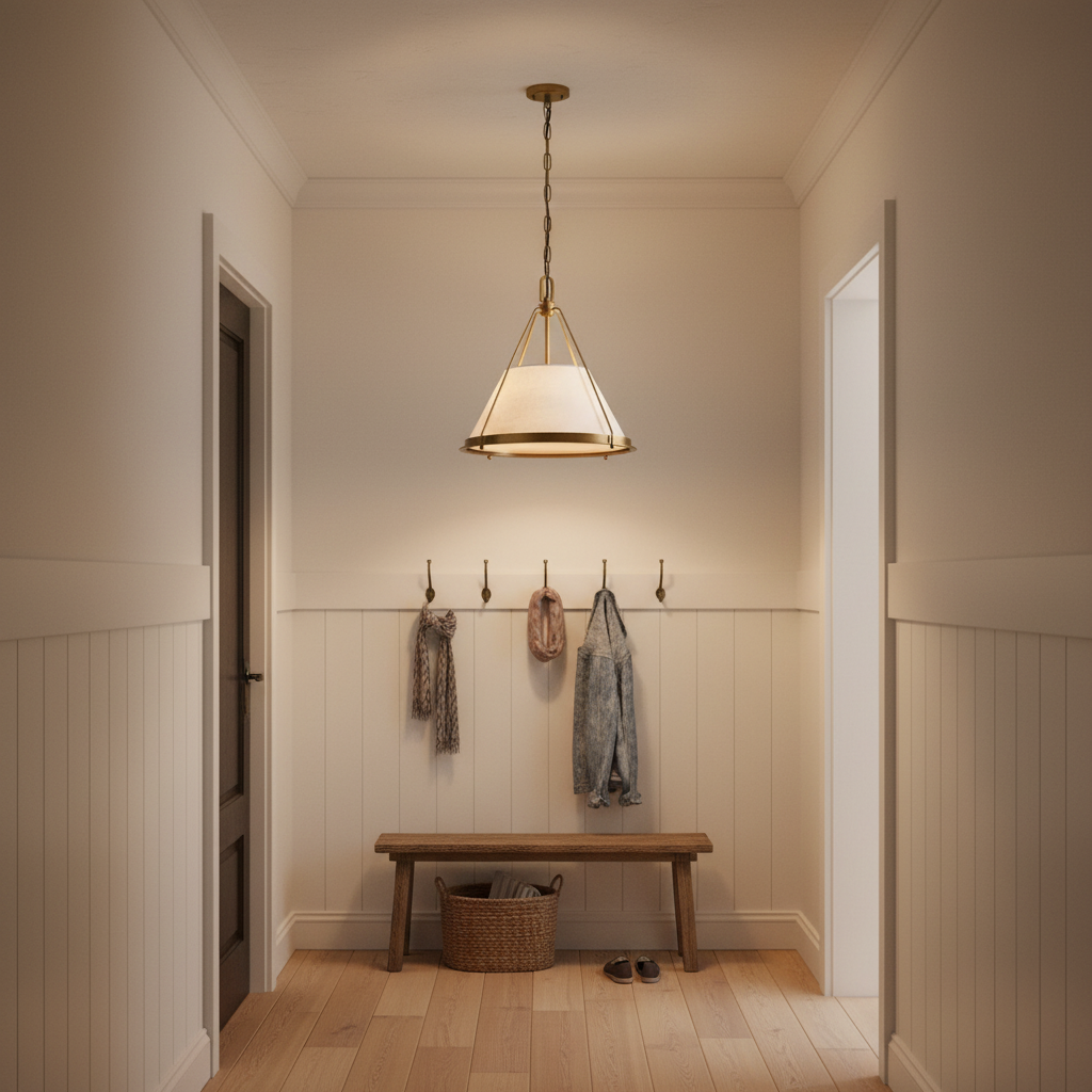 Luster Gaze Artisan Brass & Linen Pendant - small American hallway or mudroom entry