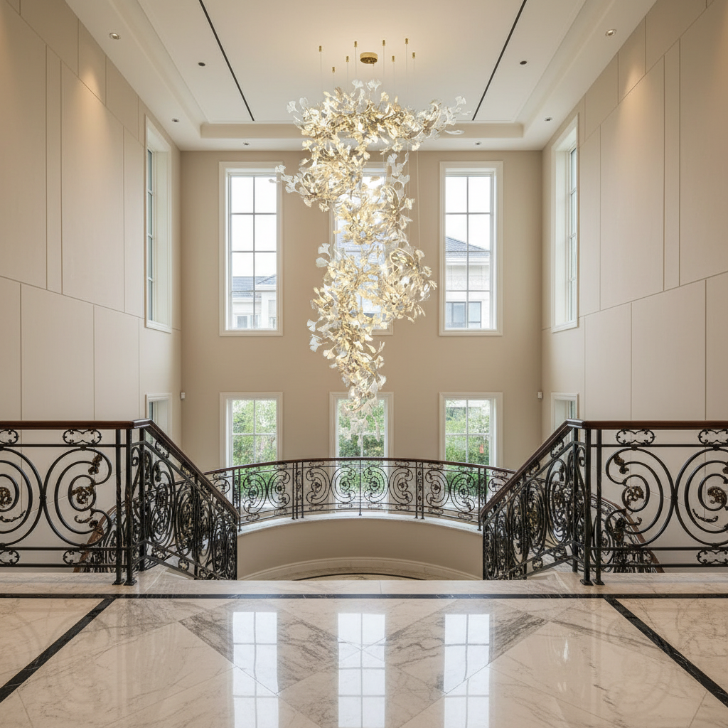Luster Gaze Ginkgo Bloom Round Chandelier - dramatic American stairwell with soaring ceiling