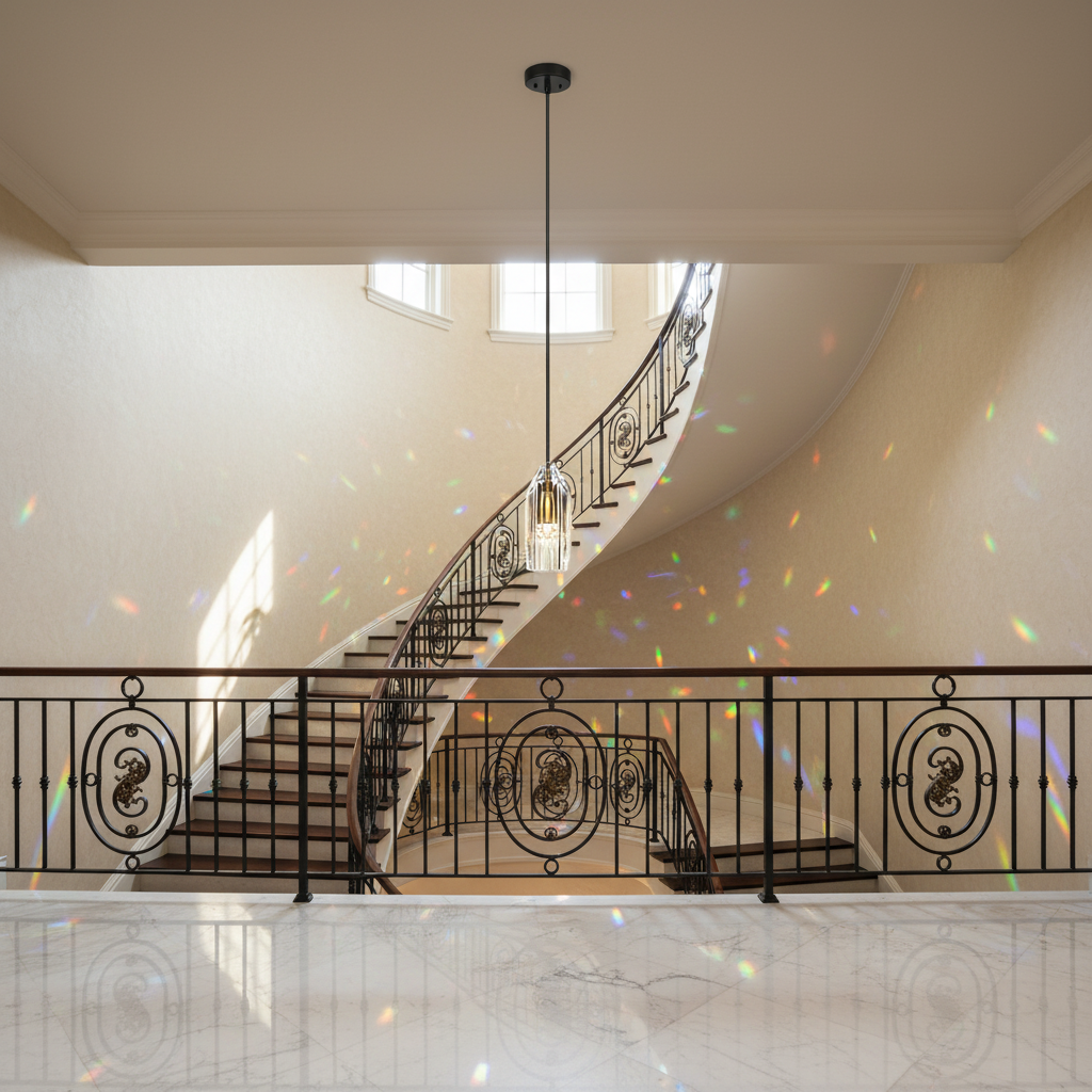 Luster Gaze Chapt Crystal Shade Pendant Light - dramatic American stairwell with soaring ceiling