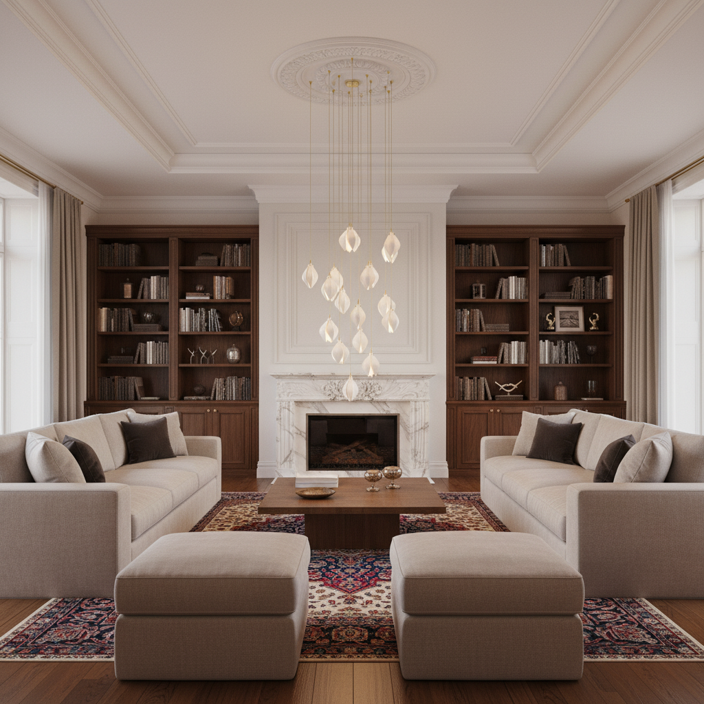 Luster Gaze Porcelain Petal Cascade Pendant Light - luxurious American living room with tray ceiling