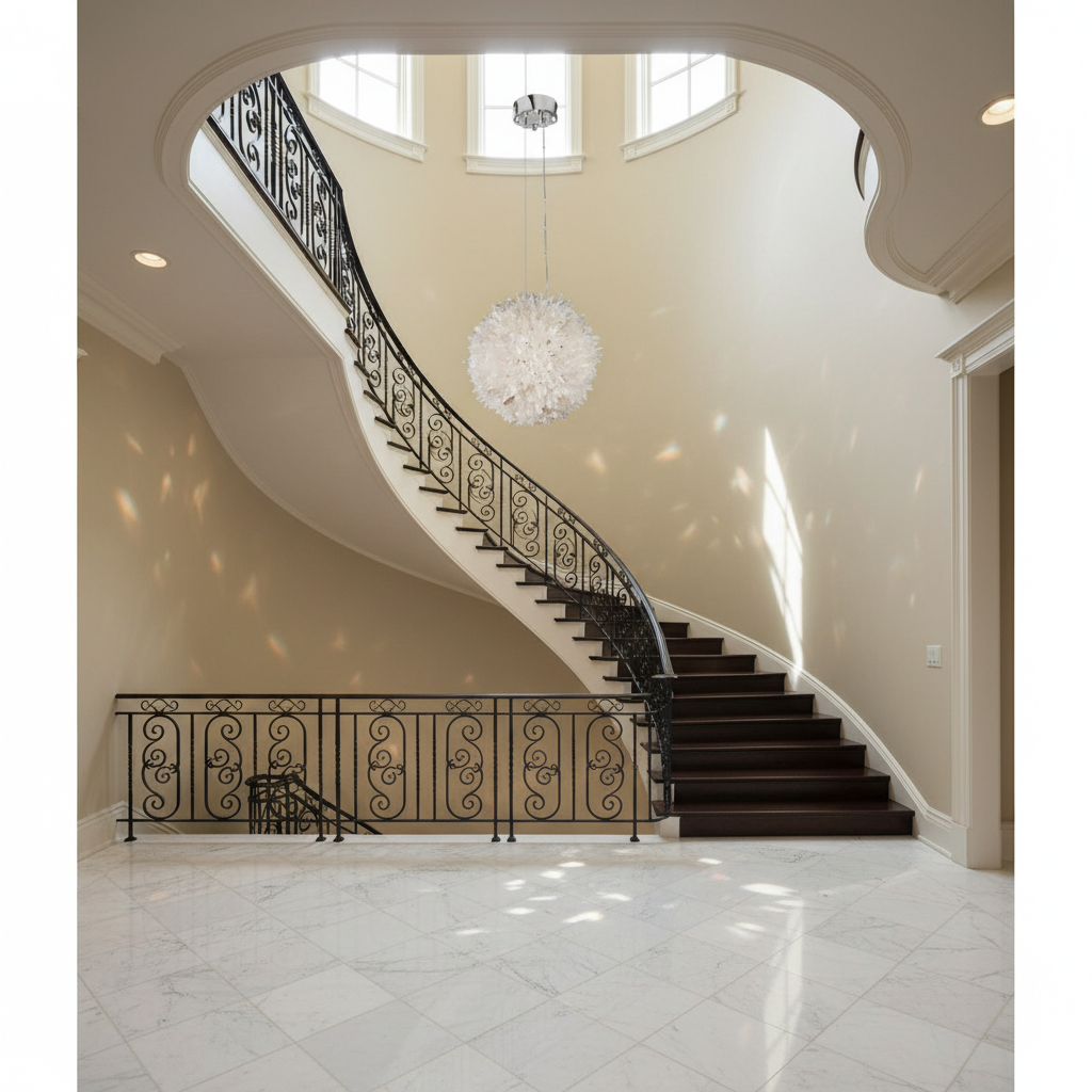 Luster Gaze Rosalie Modern Clear Geode Quartz Crystal Ball Pendant Light - dramatic American stairwell with soaring ceiling