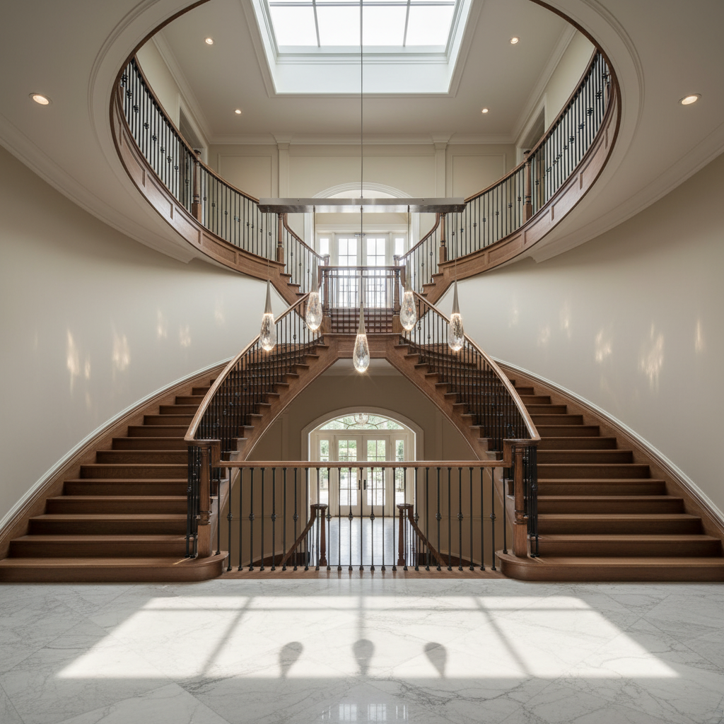 Luster Gaze Hibiscus Linear LED Multi Pendant Light - dramatic American stairwell with three-story void