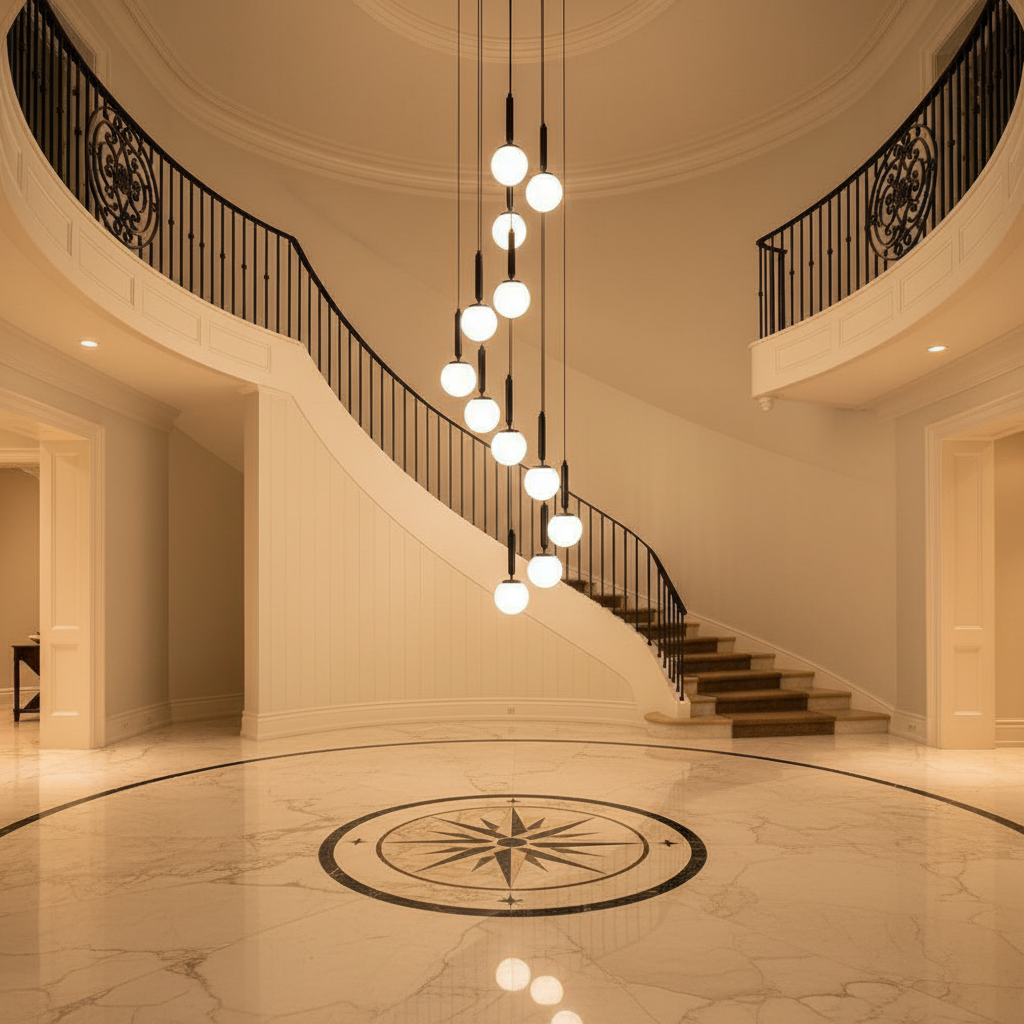 Luster Gaze Grand Ascent Minimalist Long Pendant Light - grand American foyer with two-story ceiling