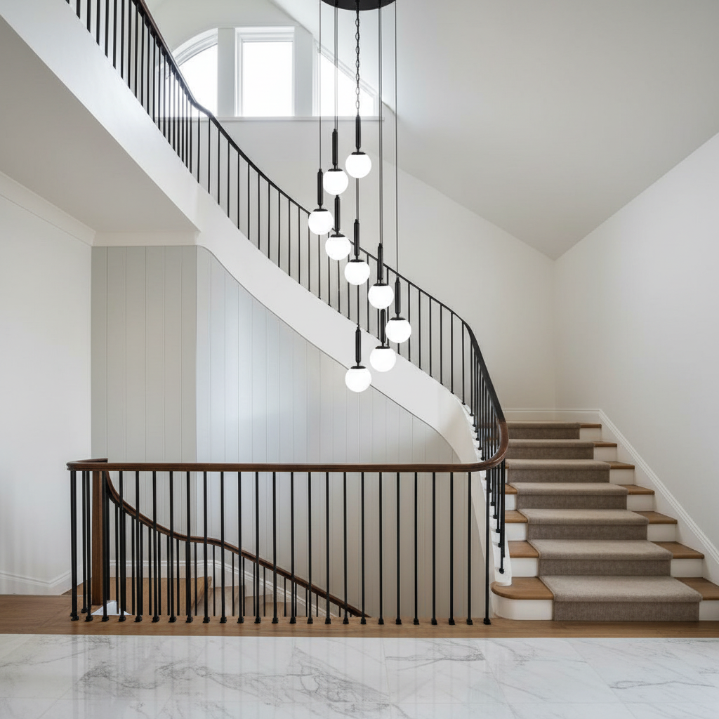 Luster Gaze Grand Ascent Minimalist Long Pendant Light - dramatic American stairwell with soaring ceiling
