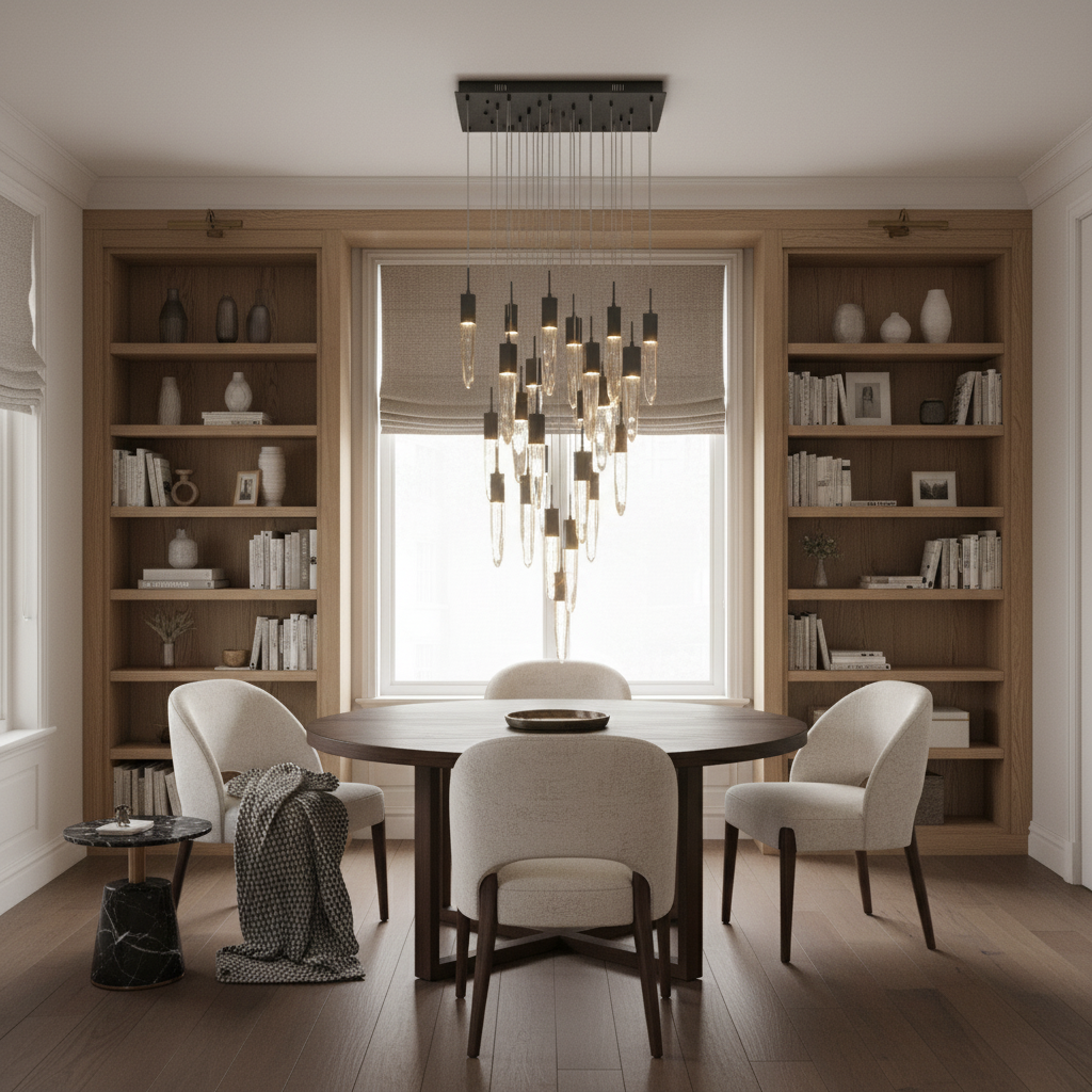 Luster Gaze Cosmic Radiance Round/Rectangle Crystal Pendant Chandelier - cozy American reading nook by a window