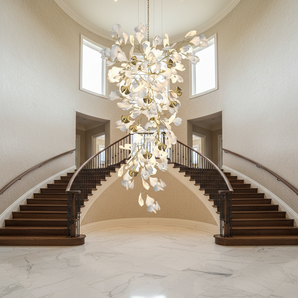 Luster Gaze Ginkgo Canopy Branch Chandelier - dramatic American stairwell with soaring ceiling