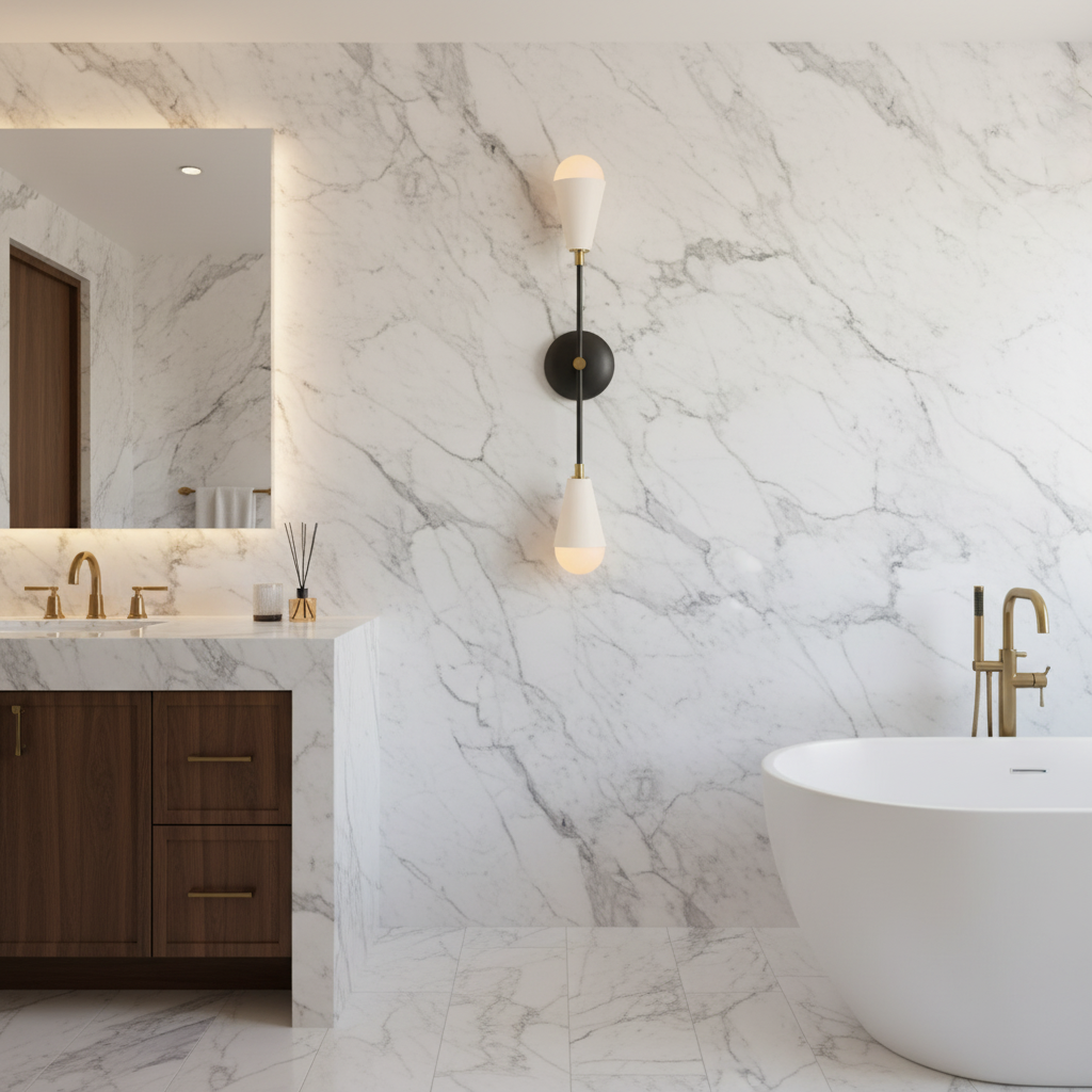 Luster Gaze Geometric Triad Brass Wall Sconce - luxury American master bathroom