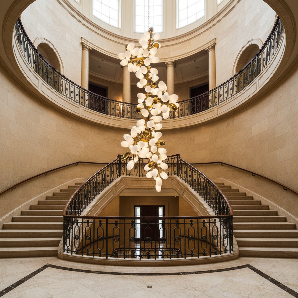 Everlight Forge Verdant Canopy Copper Branch Chandelier - dramatic American stairwell with soaring ceiling