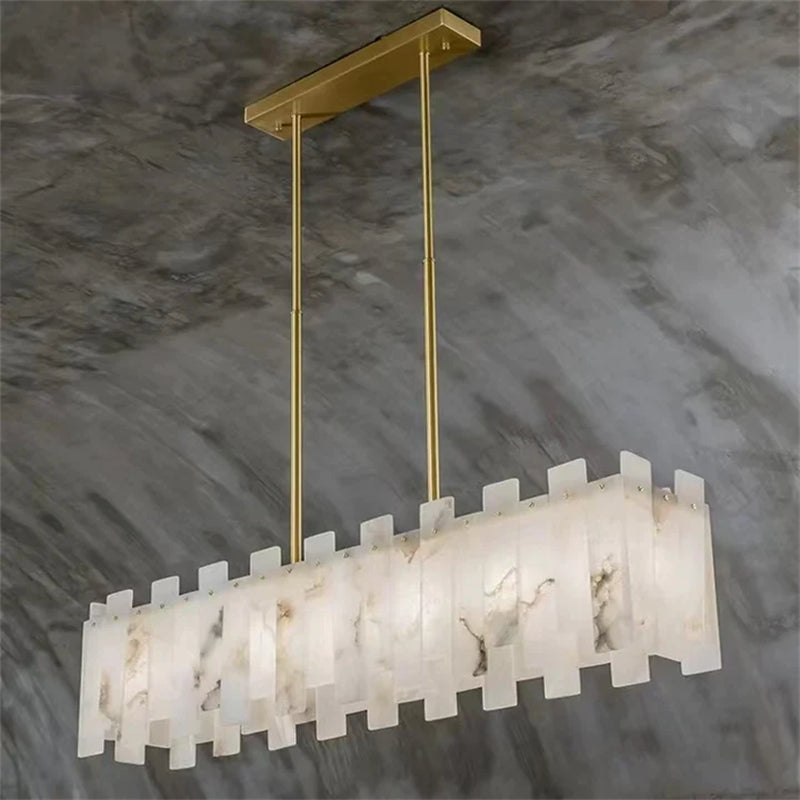 Jean Modern Marble Alabaster Linear Chandelier Over Dining Table chandelier Luster Gaze