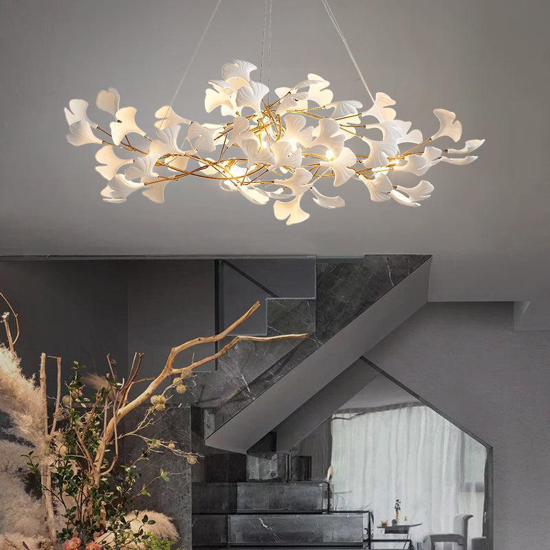 Luster Gaze Ceramic Petal Modern Linear Branch Chandelier - grand American foyer with two-story ceiling