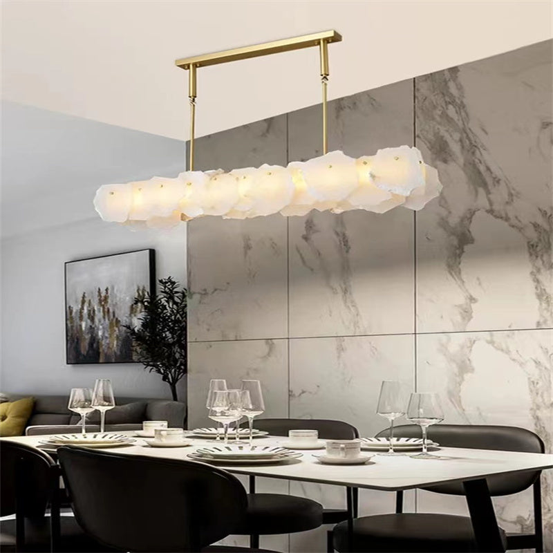 Carlos Alabaster Modern Snowflake Linear Chandelier Over Dining Table chandelier Luster Gaze