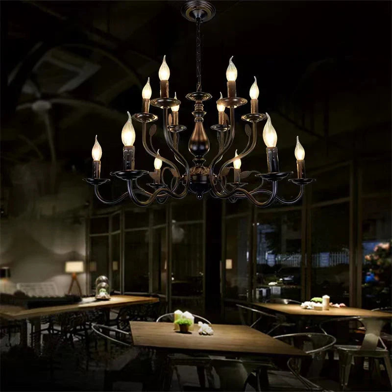 Multi Layer Iron Chandelier with Electronic Candles in Vintage Country Style for Living Room Cafe and Study