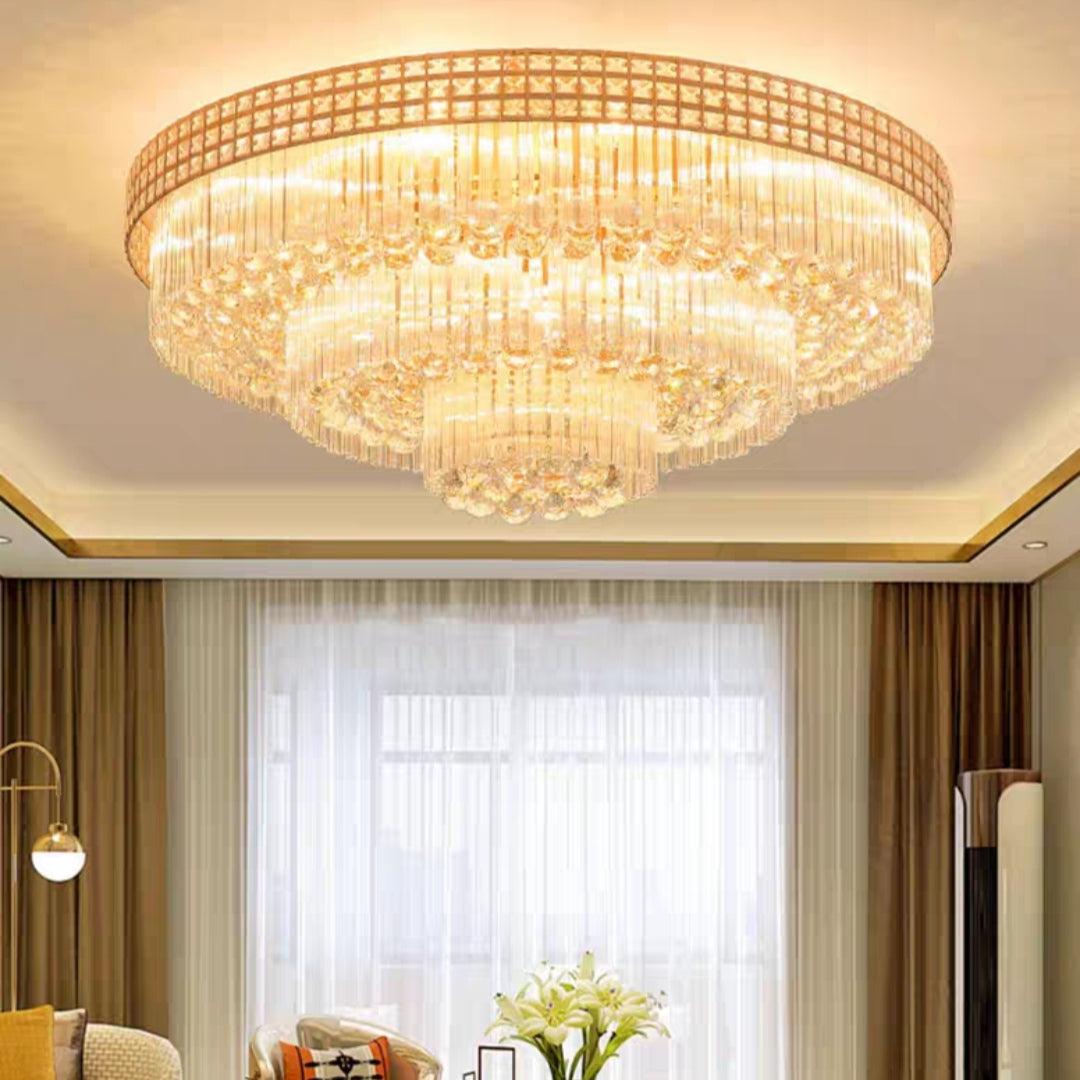 Luster Gaze Grand Lumina Three-Tier Round Flush Mount Chandelier - American master bedroom with standard ceiling