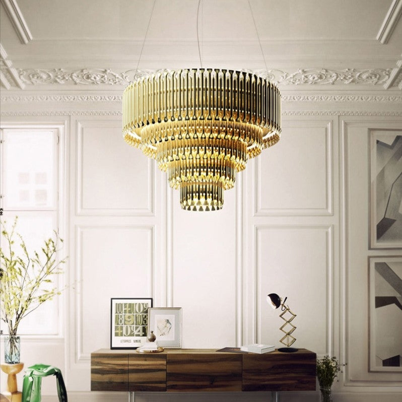 Post-Modern Light Luxury Aluminum Hollow Round Gold Chandelier for Living/Dining Room/Bar