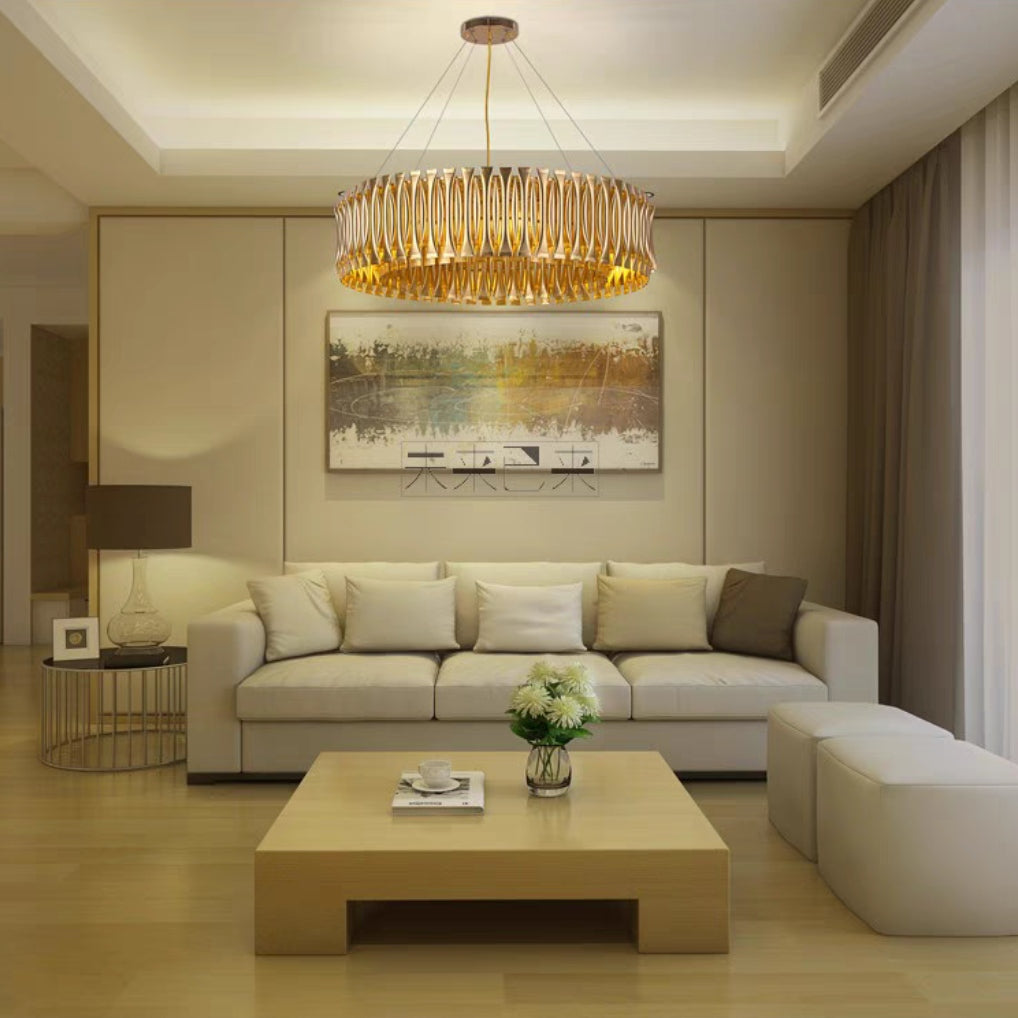 Post-Modern Light Luxury Aluminum Hollow Round Gold Chandelier for Living/Dining Room/Bar