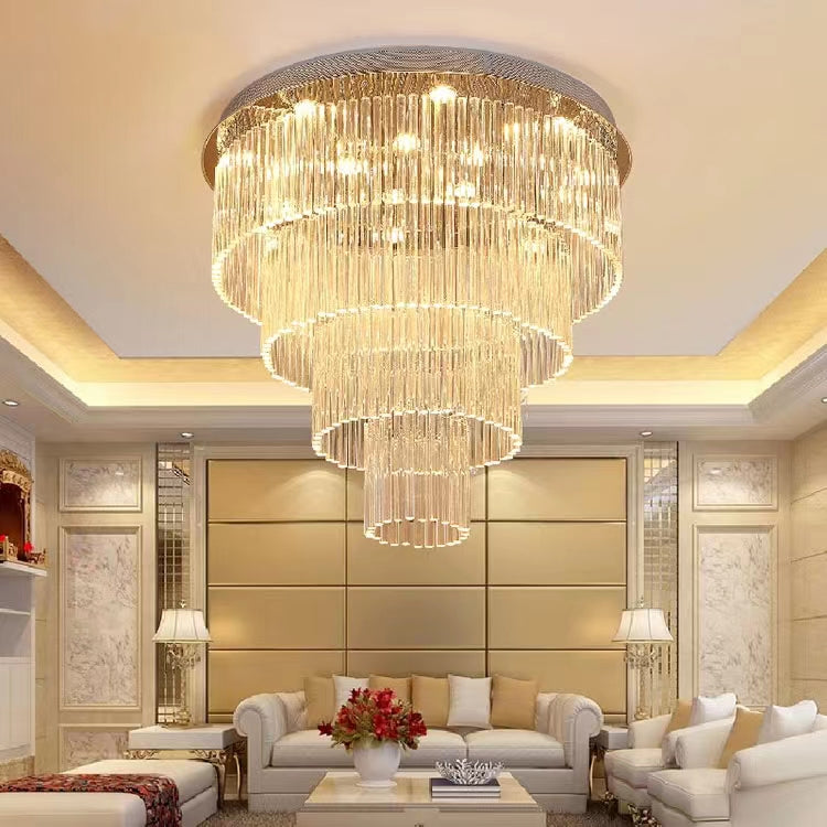 Extra Large Multi-tier Round Flush Mount Light Crystal Rod Chandelier for Living Room/Foyer