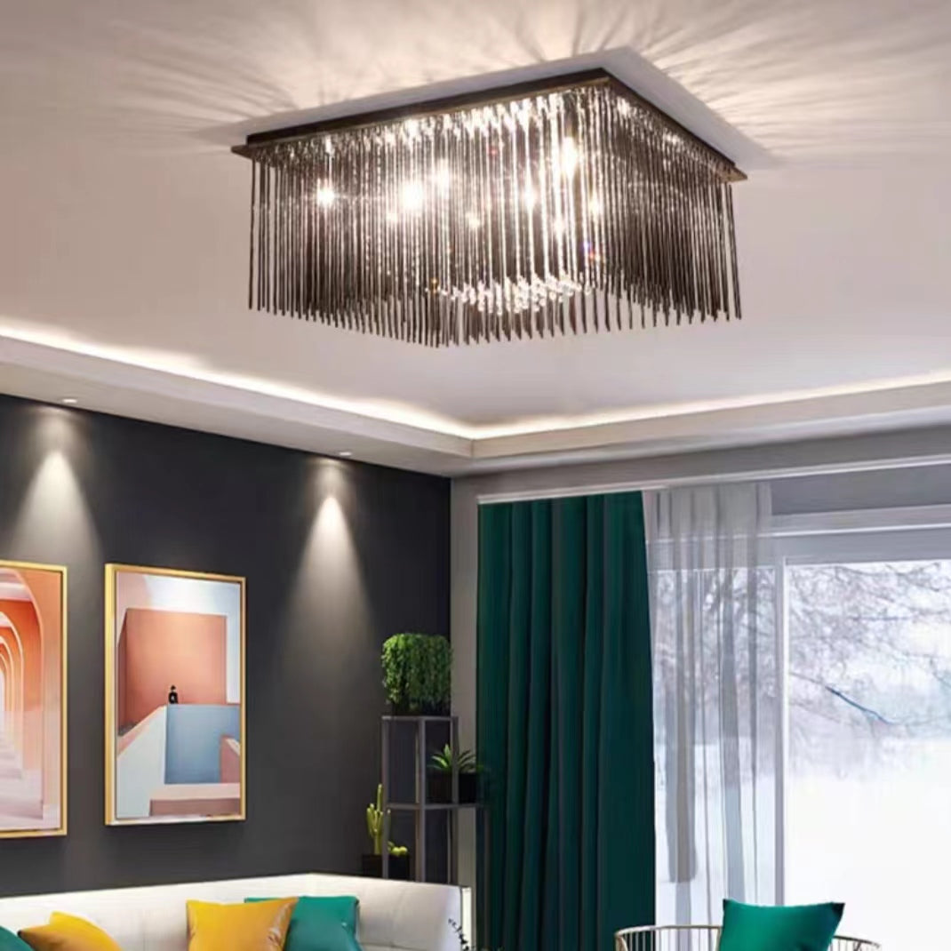 Modern Black Glass Tassel Crystal Pendant Flush Mount Chandelier for Living Room/Bedroom/Study