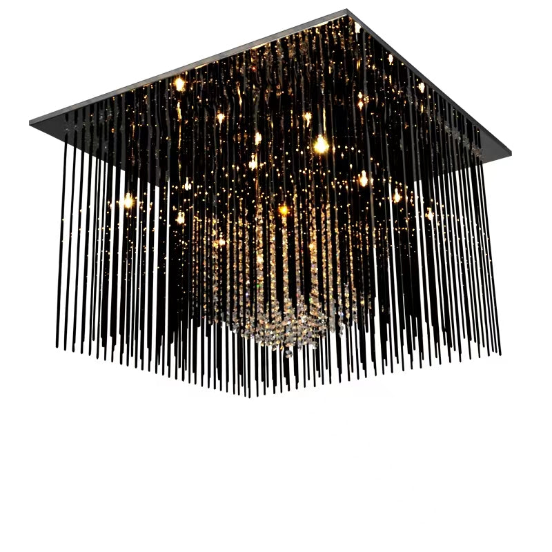 Modern Black Glass Tassel Crystal Pendant Flush Mount Chandelier for Living Room/Bedroom/Study