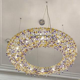 Unique Eccentric Circle Colorful Crystal Beads Chandelier Luxury Ceiling Lamp for  Living/Dining Room