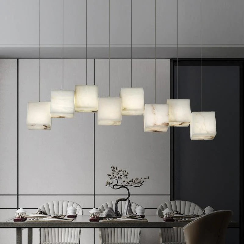 Vasilia Alabaster Cubic Pendant For Dining Table, Kitchen Island Pendant Chandeliers Luster Gaze 8 LIGHTS-37.8" L  