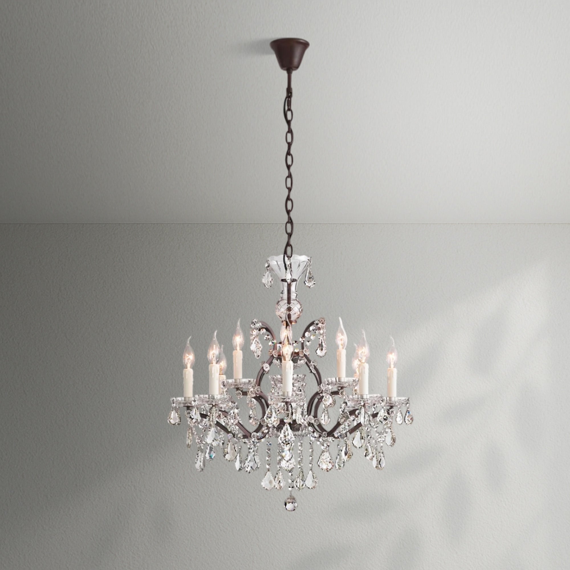 19th C. Romoco Iron & Crystal Round  Dining Room Chandelier 28"
