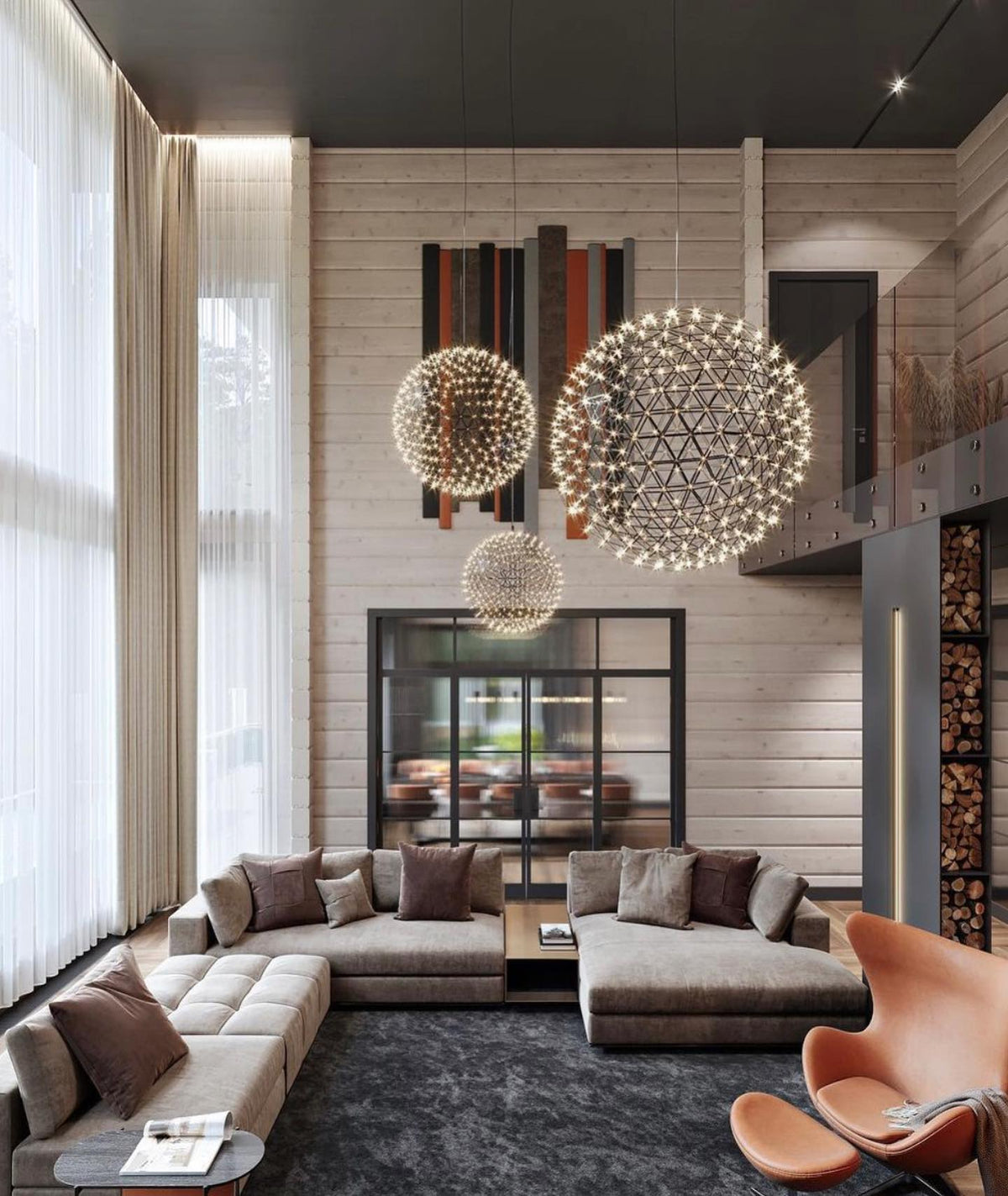 Round Starry Sky Chandelier Light Fire Ball Ceiling Lighting for Living Room/Cottage/High-ceiling