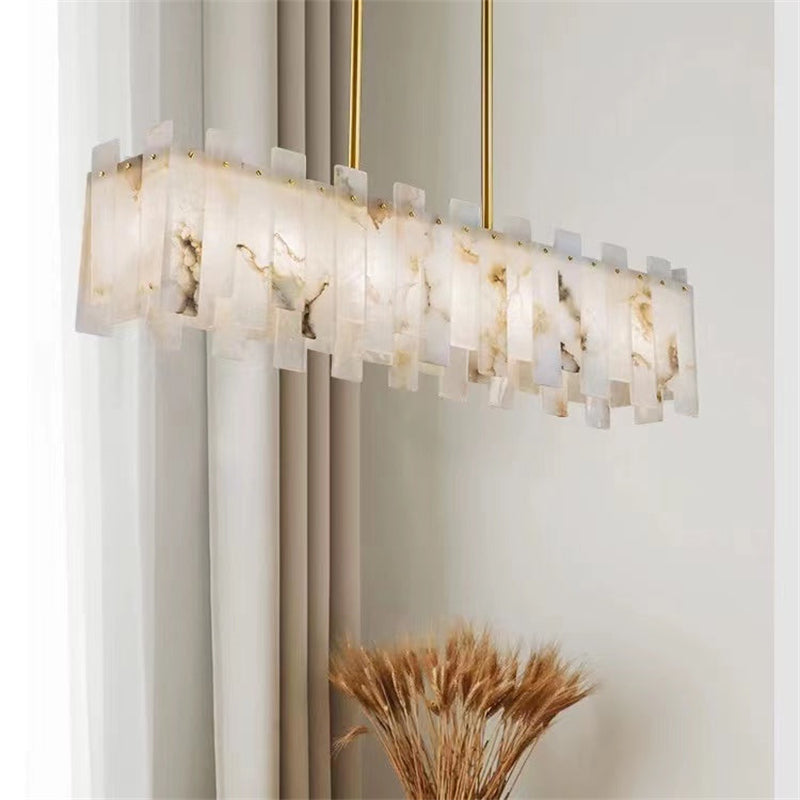 Jean Modern Marble Alabaster Linear Chandelier Over Dining Table chandelier Luster Gaze
