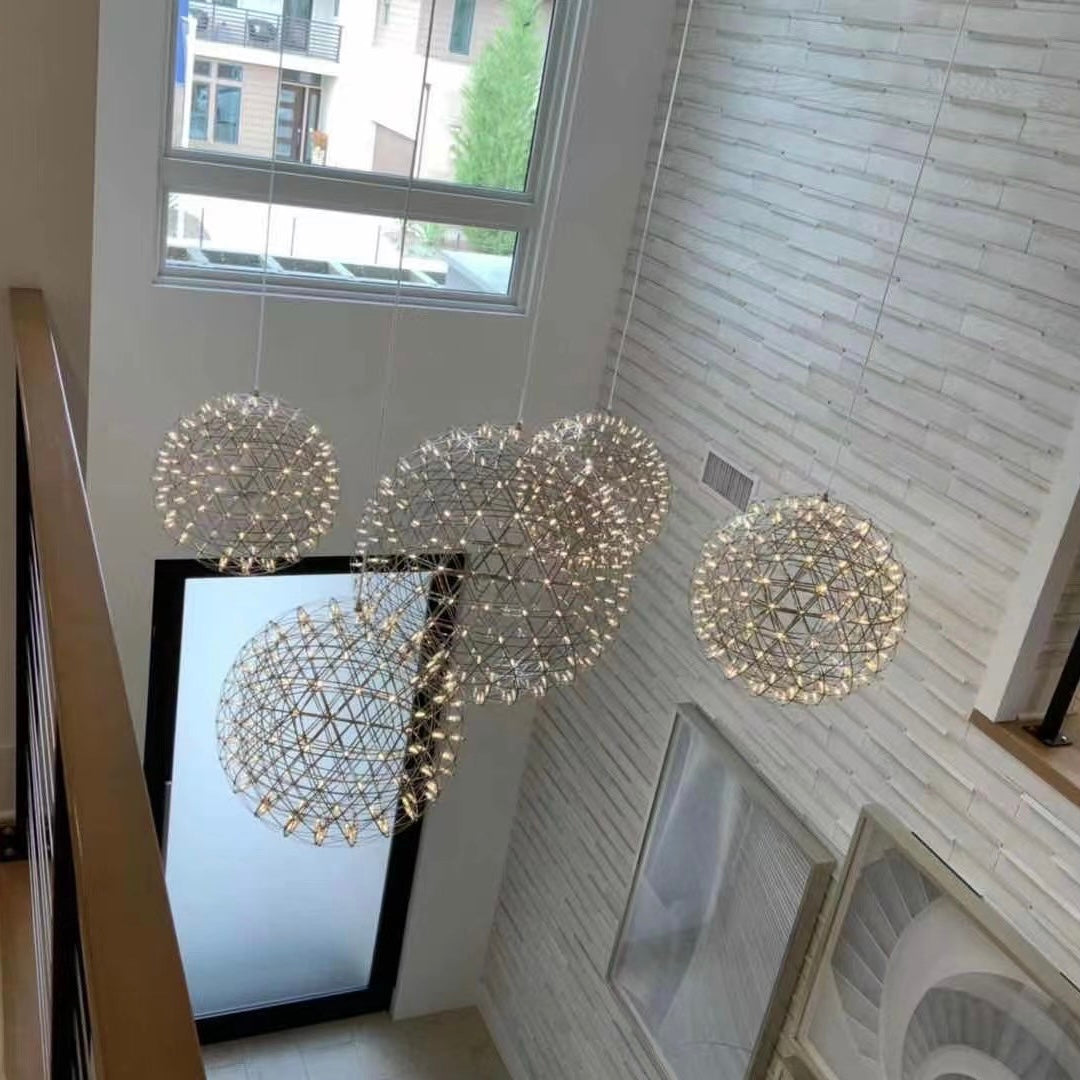 Round Starry Sky Chandelier Light Fire Ball Ceiling Lighting for Living Room/Cottage/High-ceiling