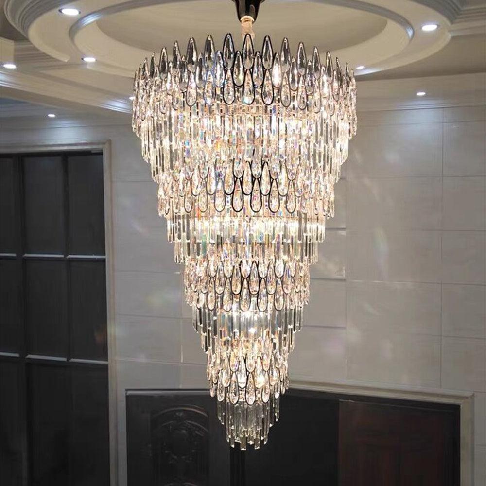 Luster Gaze Grand Tiered Raindrop Crystal Chandelier - dramatic American stairwell with soaring ceiling