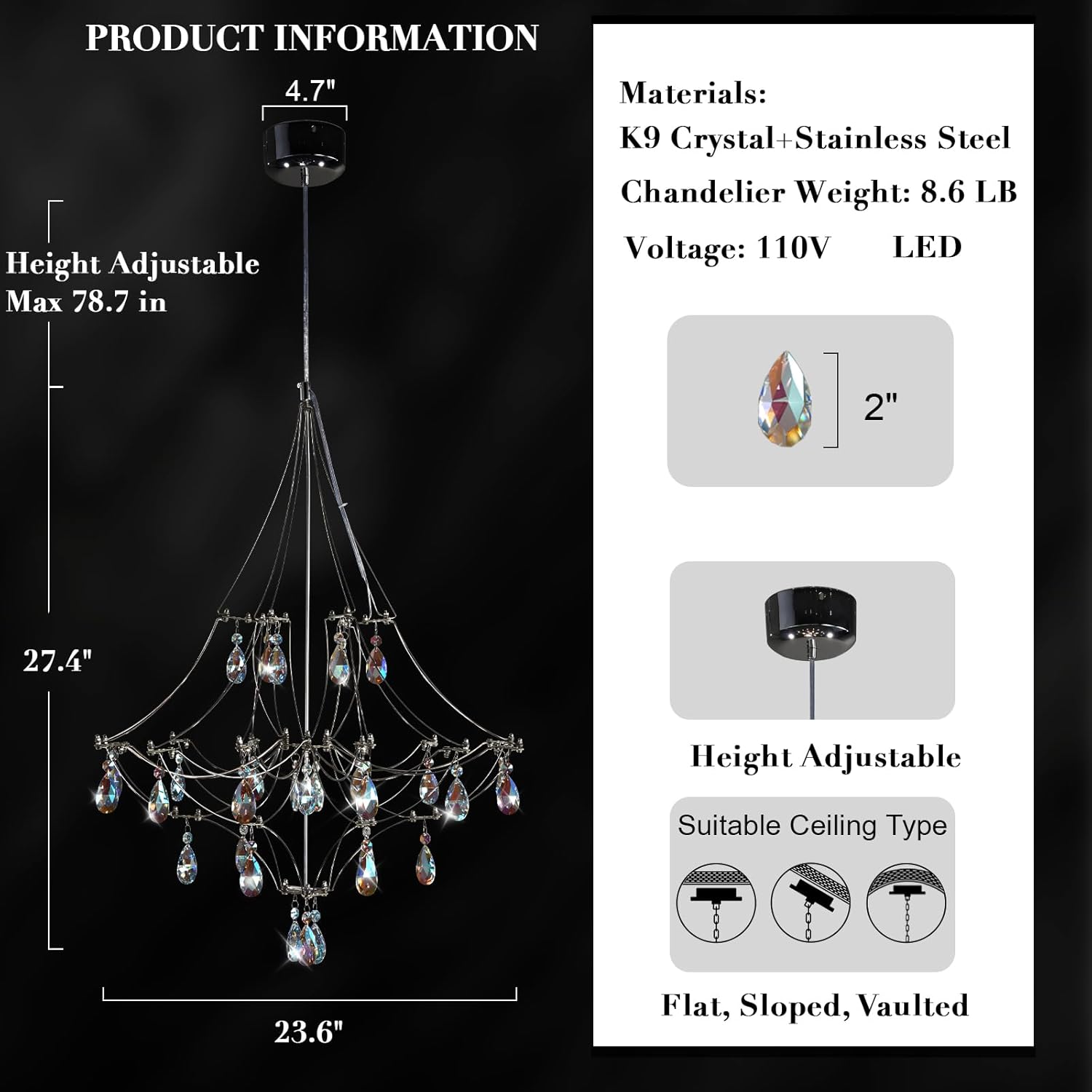 Crystal Chandelier  Sliver  Ceiling Light Fixture