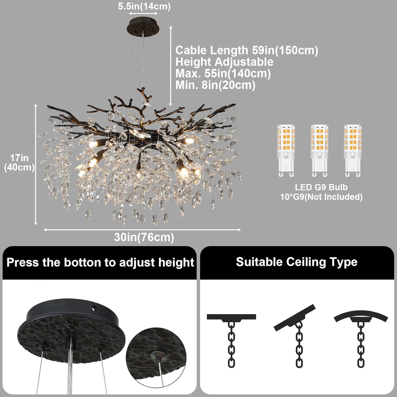 30" Black Crystal Chandelier, 10-Light Tree Branch Chandelier for Dining Room, Luxury Round K9 Crystal Raine Chandeliers Light Fixture for Living Room Foyer Entryway Bedroom Kitchen
