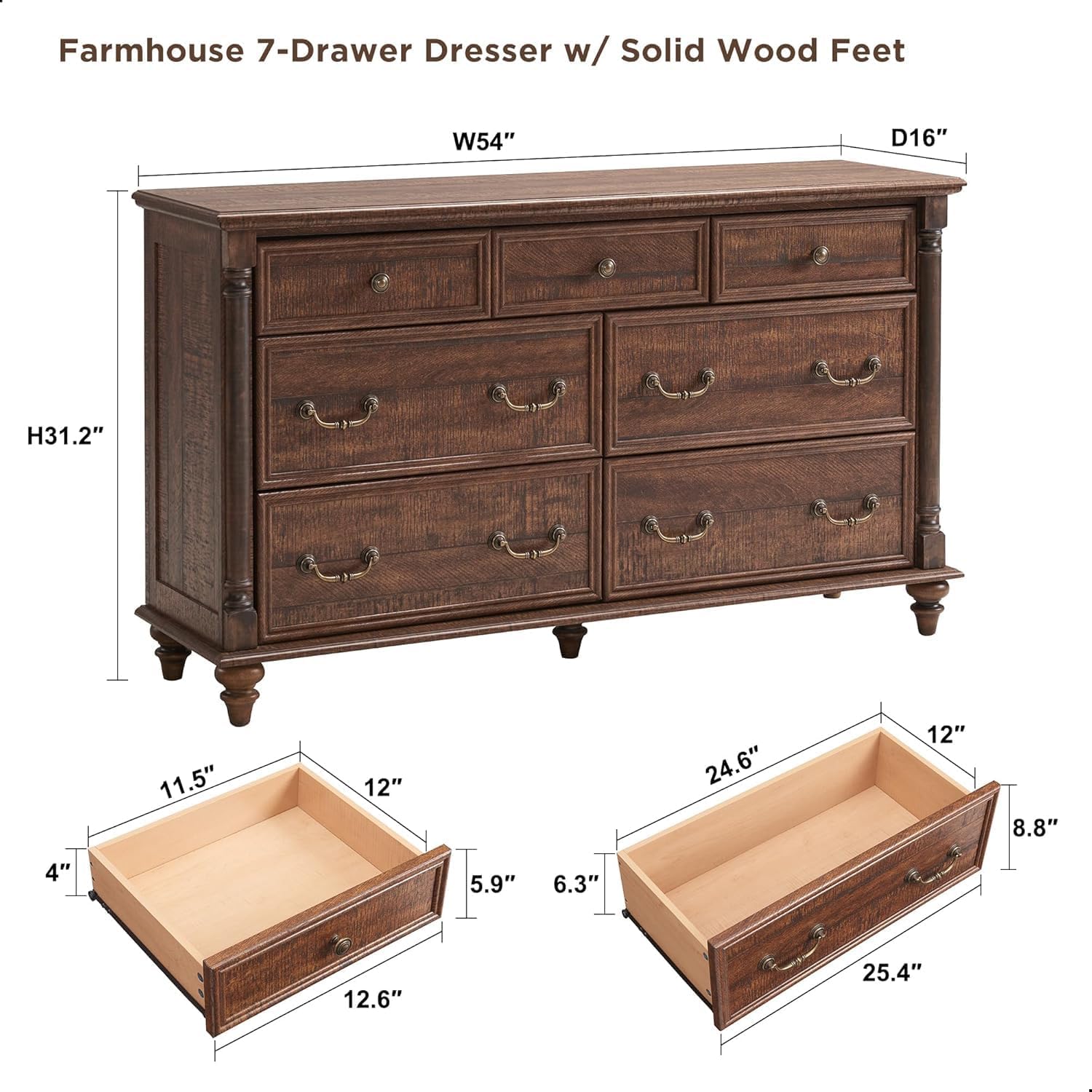 Rustic Farmhouse 7 Drawer Dresser Chest for Bedroom