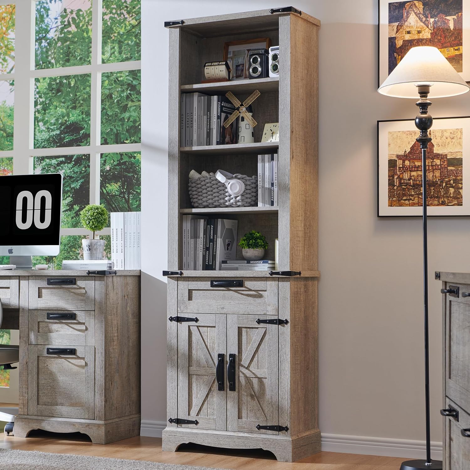 72" Tall Farmhouse Bookcase with Barn Door and Storage Cabinet