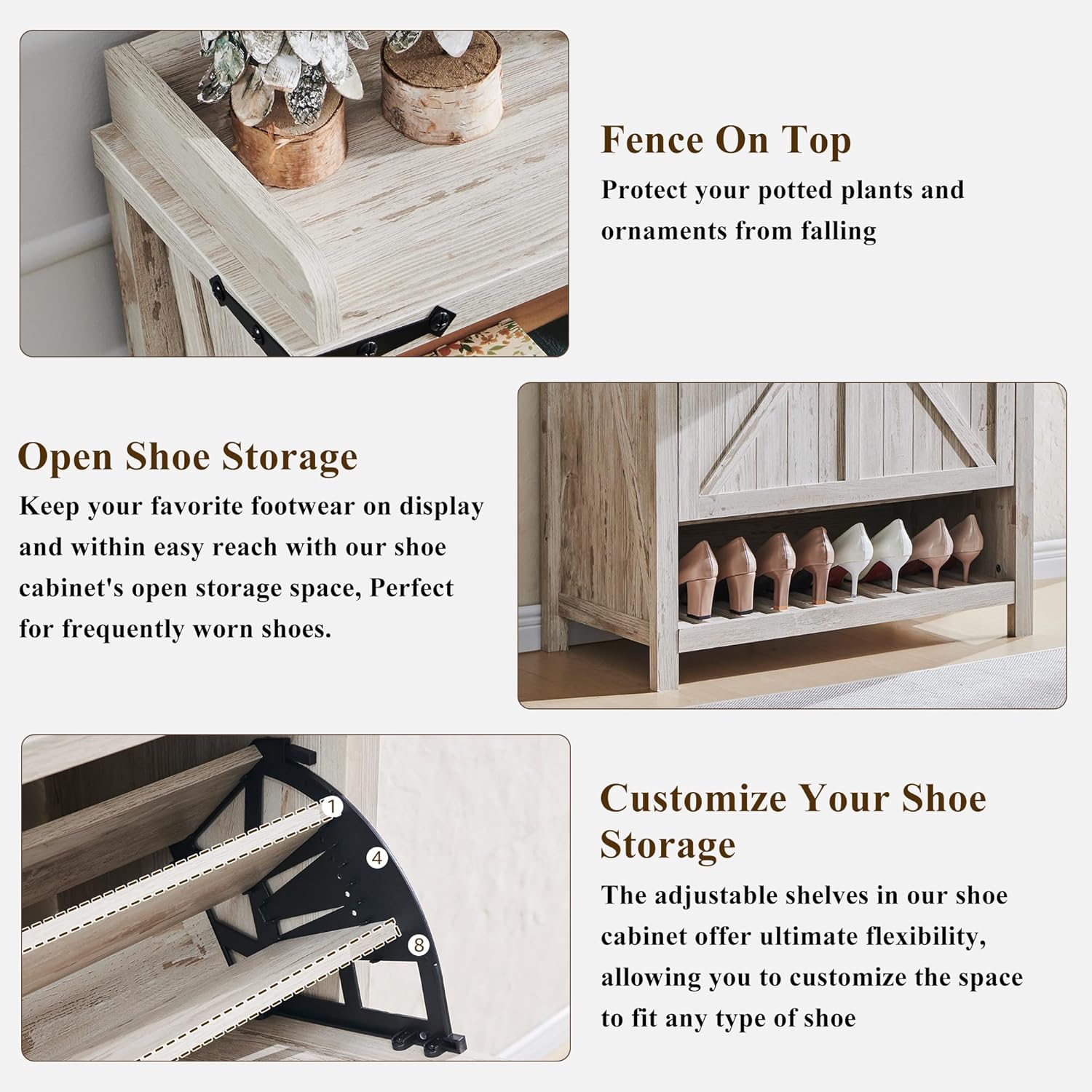 OKD Farmhouse Shoe Storage Cabinet: 2 Flip Drawers, Rustic White