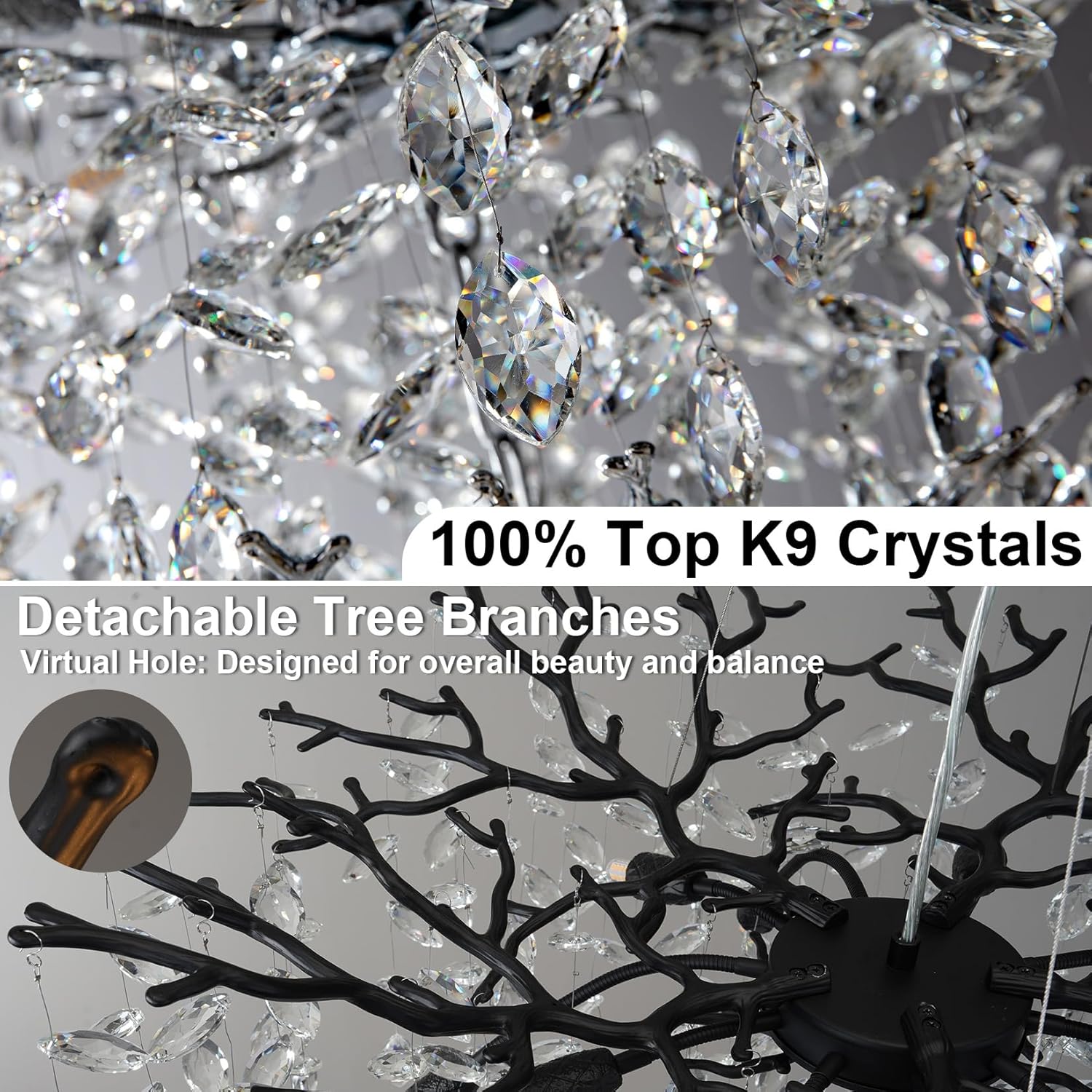 30" Black Crystal Chandelier, 10-Light Tree Branch Chandelier for Dining Room, Luxury Round K9 Crystal Raine Chandeliers Light Fixture for Living Room Foyer Entryway Bedroom Kitchen