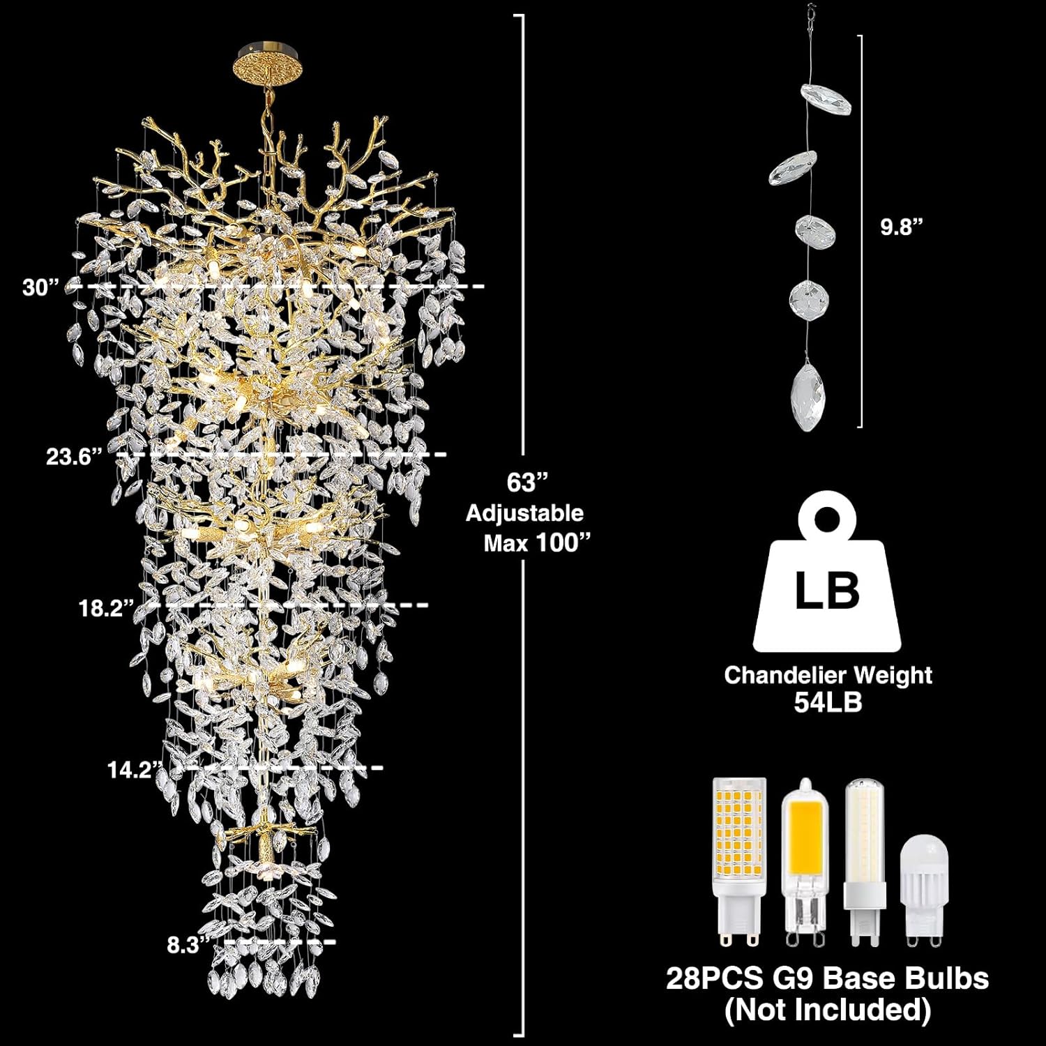 63'' Long Crystal Chandelier for High Ceiling, 28-Light Modern Gold Tree Branch Chandelier, Large Chandeliers for Foyer Entryway Staircase Living Room, 5-Tier Luxury K9 Crystal Raine Light Fixture